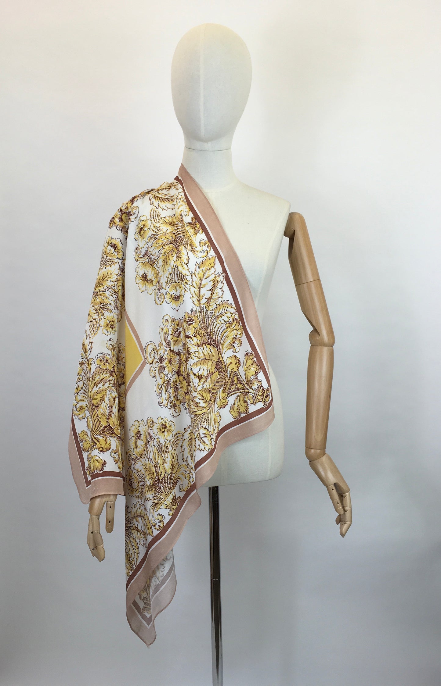 Original 1940s Fine Crepe Scarf - In A Beautiful Floral In Soft Yellows, Fawns, Warm Brown and Creams