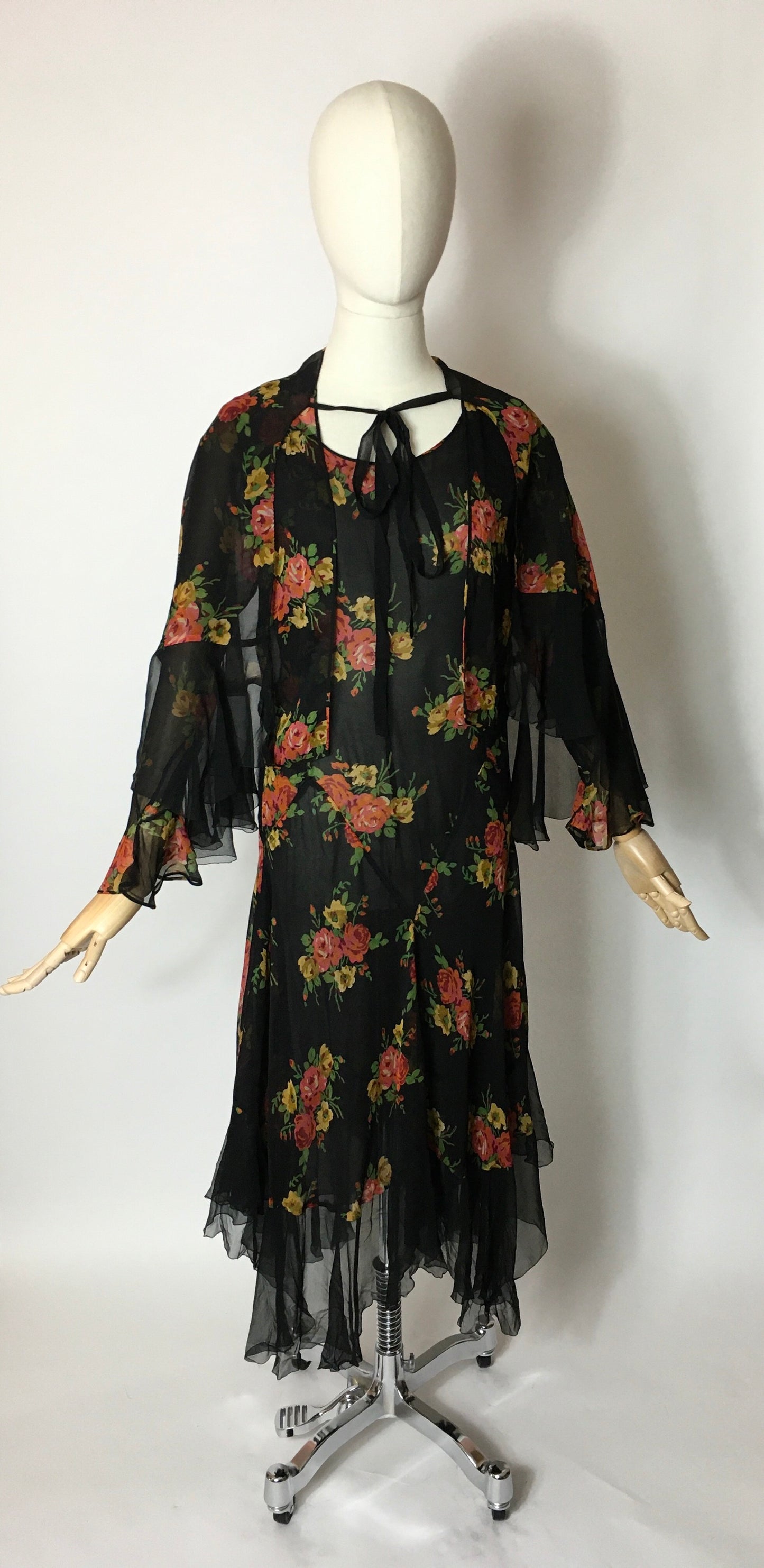 Original 1930’s SENSATIONAL 3pc Set in A Floral Chiffon - Dress, Jacket & Caplet Set