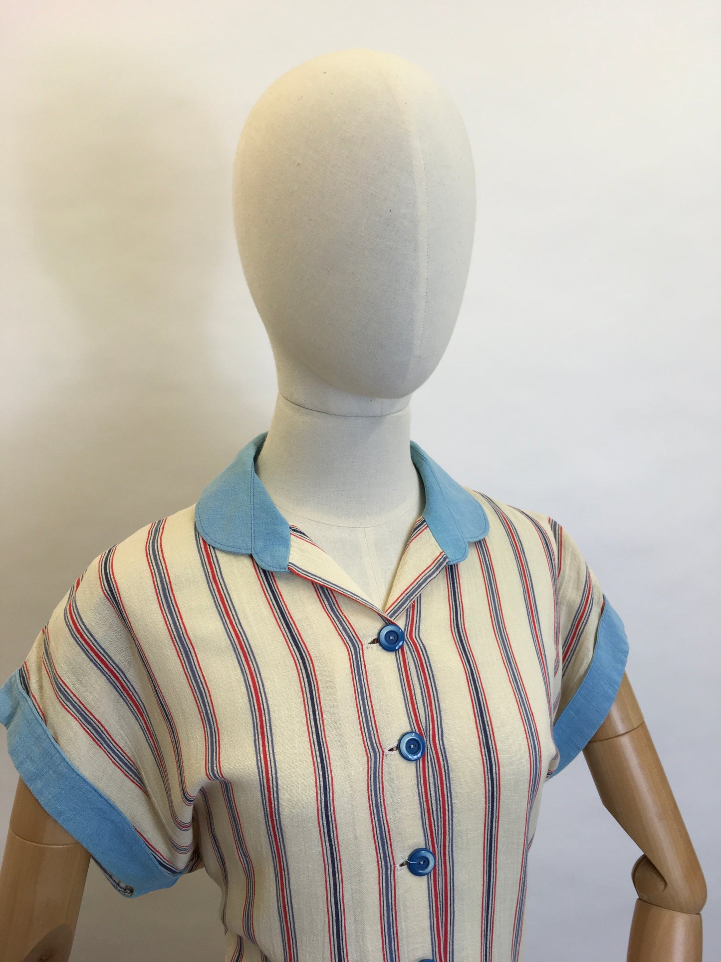 Original 1940’s Striped Day Dress - Lovely Cheesecloth fabric in Patriotic Colour Palette