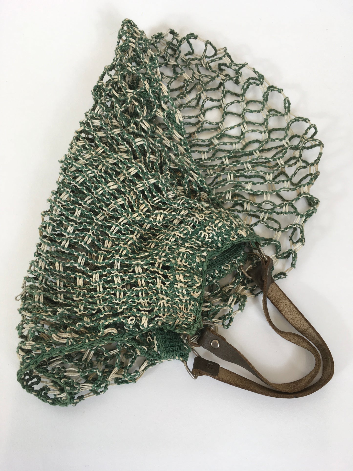 Original 1930’s / 1940’s String Bag with Leather Handles - In Green & White