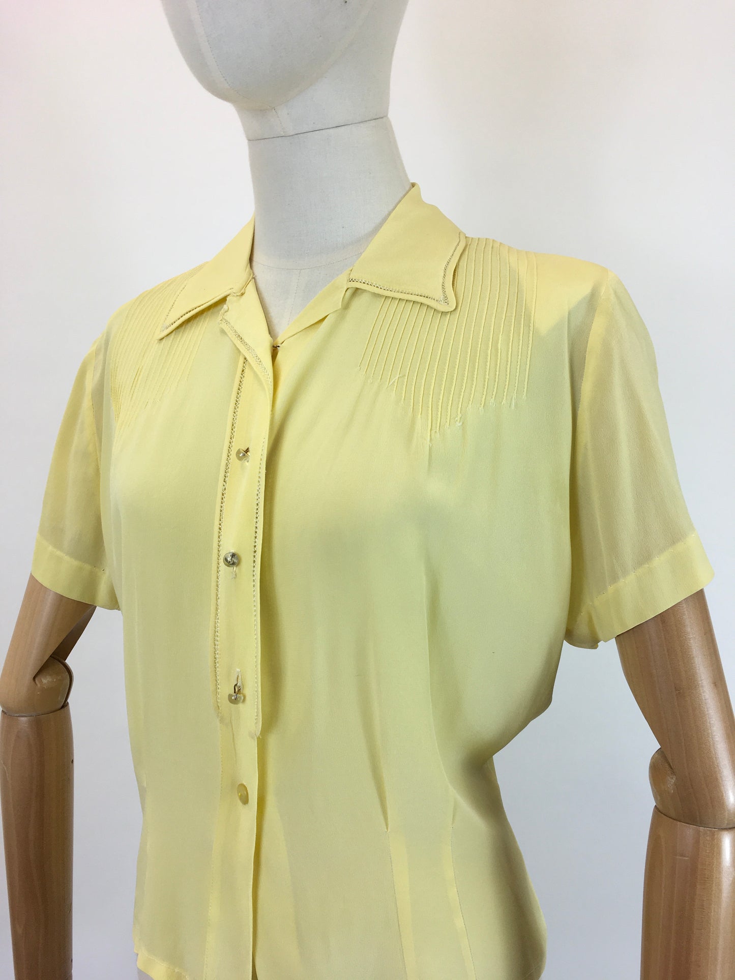 Original 1940’s Sheer Blouse In A Sunshine Yellow - With Stunning Stitch Work Detailing