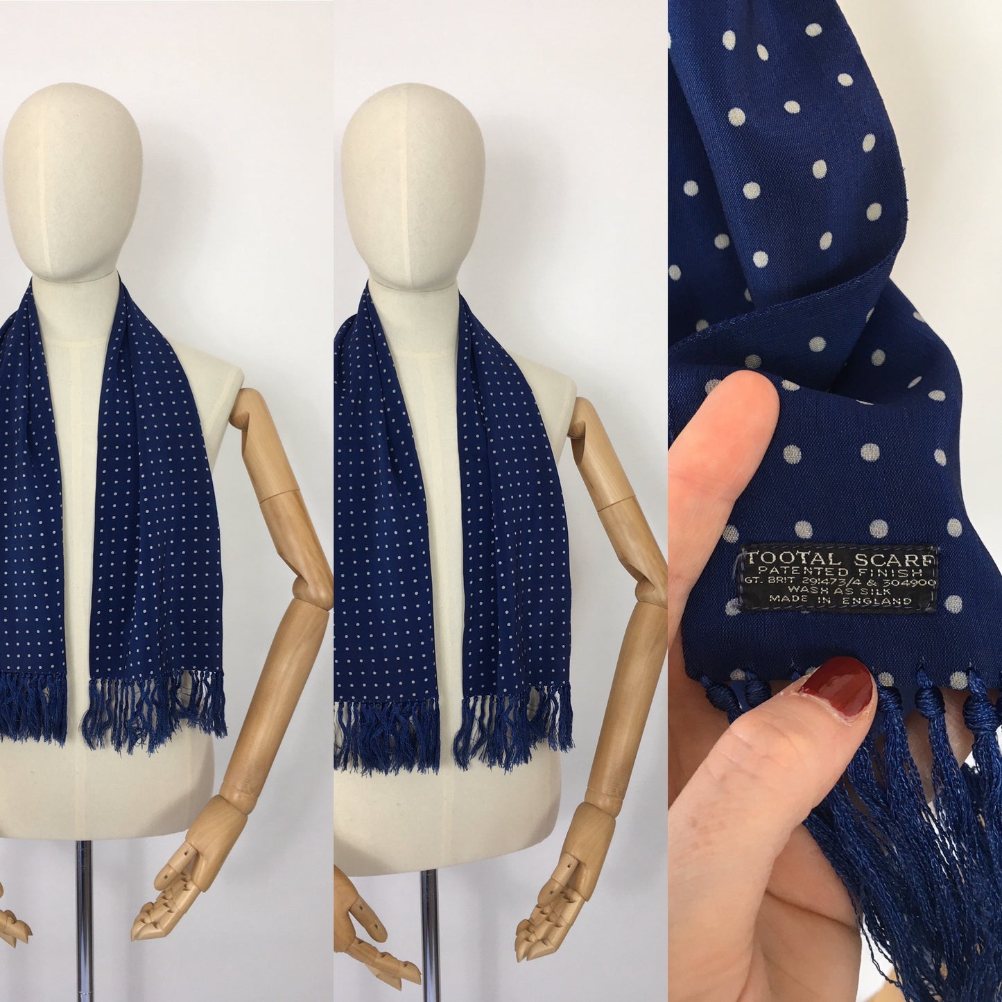 Original 1940’s Mens ‘  Tootal ‘ Silk Scarf - In a Lovely Airforce Blue and White Polka Dot