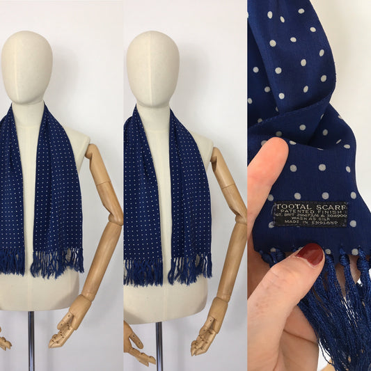 Original 1940’s Mens ‘  Tootal ‘ Silk Scarf - In a Lovely Airforce Blue and White Polka Dot