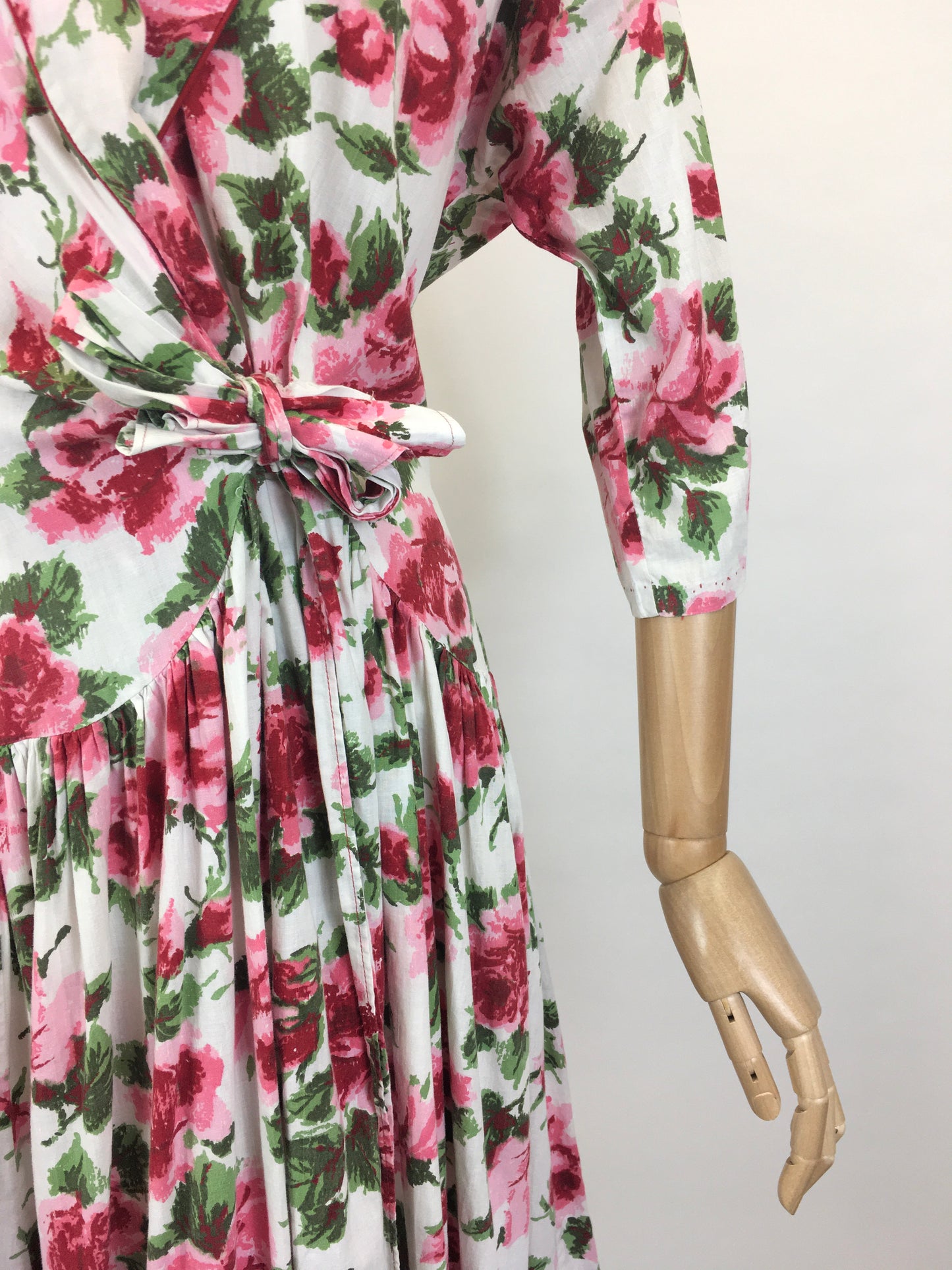 Original 1950’s Darling Wraparound House Dress in A Pink Rose Print - ‘ A Kitchen Formal ‘