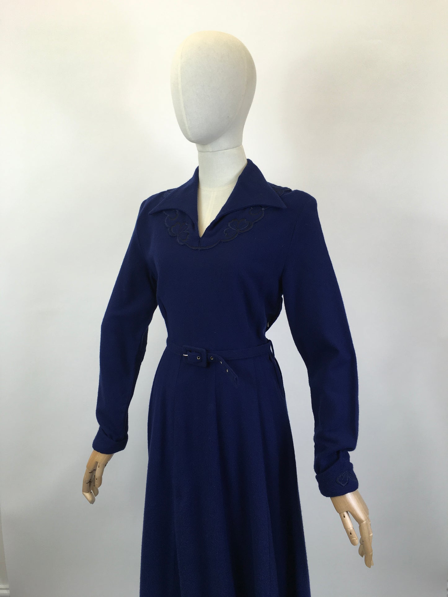 Original 1940's Sensational CC41 Utility Wool Dress - In A Royal Blue with Floral Embellishment