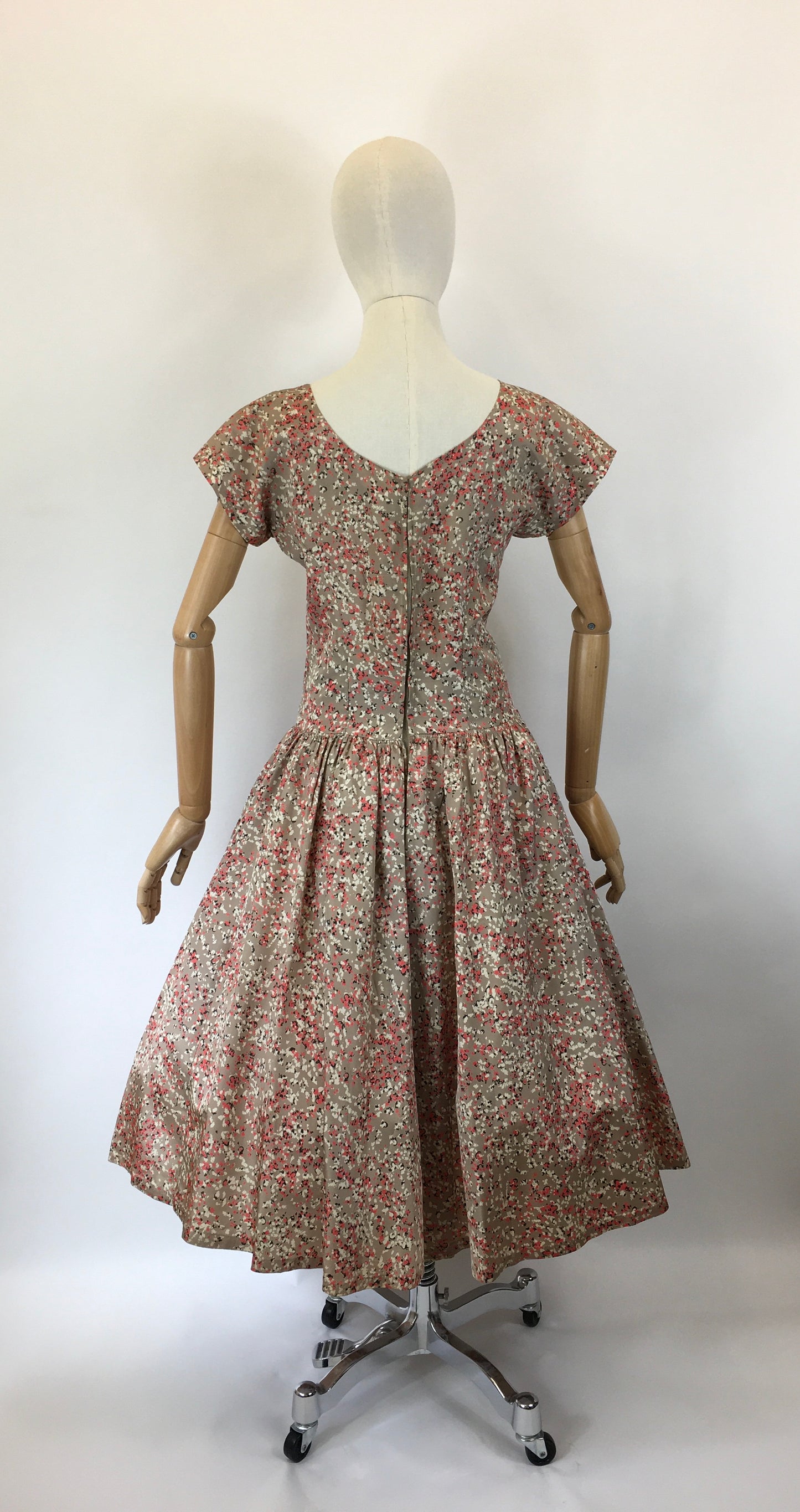 Original 1950’s Darling Evening Cocktail Dress - In A Beige, Fawn, Coral & Black Colourway