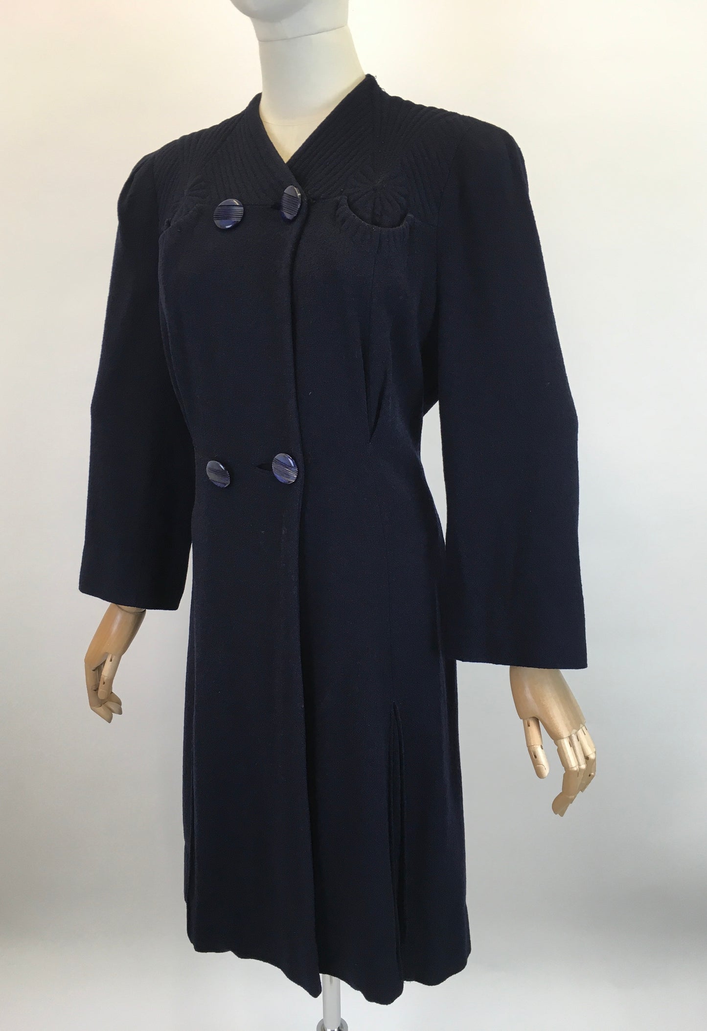 Original 1930’s Darling Navy Wool Crepe Coat - With Stunning Trapunto Detailing