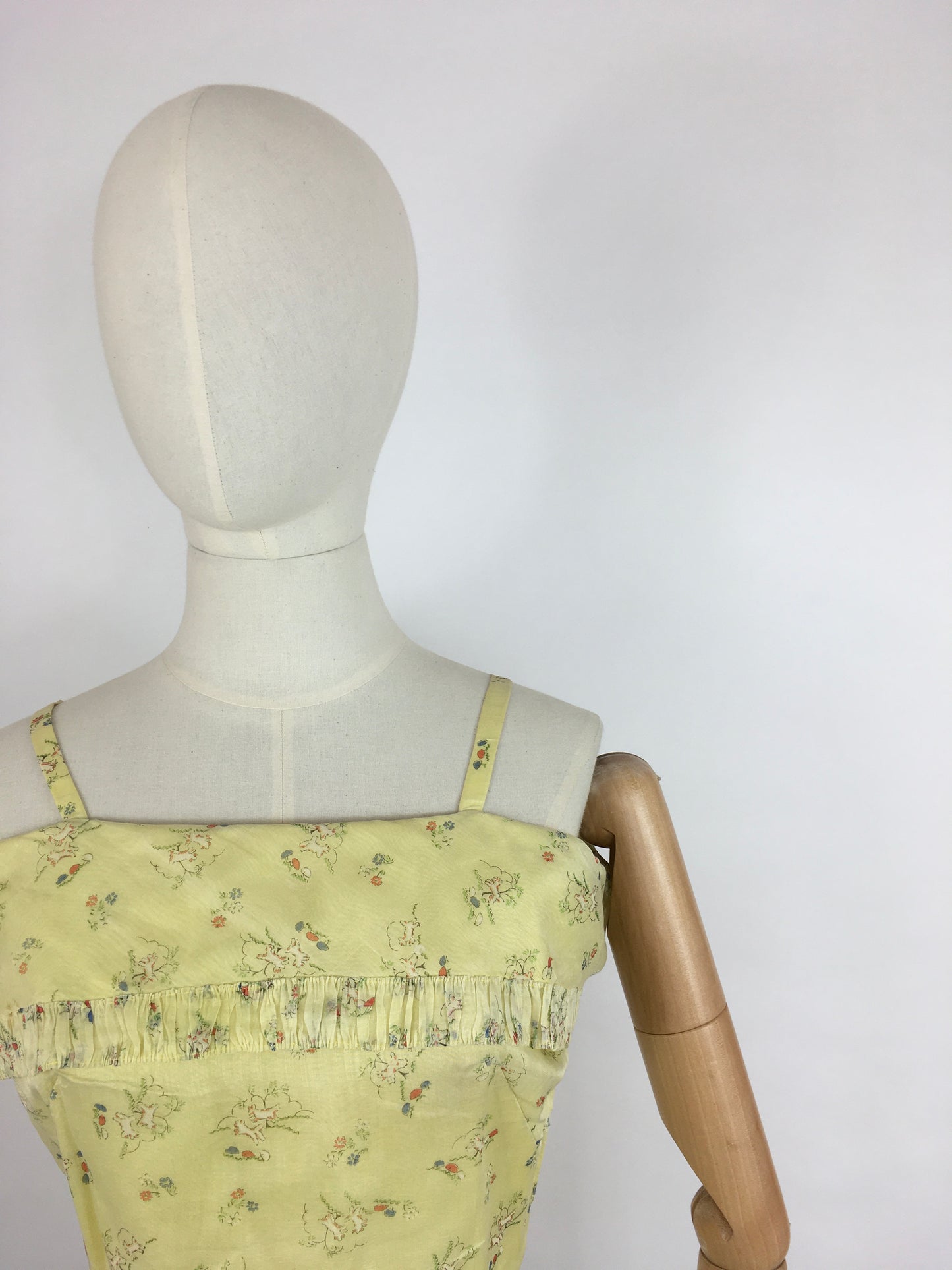 Original 1930s Sundress - In an Amazing Novelty Print Featuring Leaping Lambs and Toadstools On a Pale Lemon Cotton Lawn