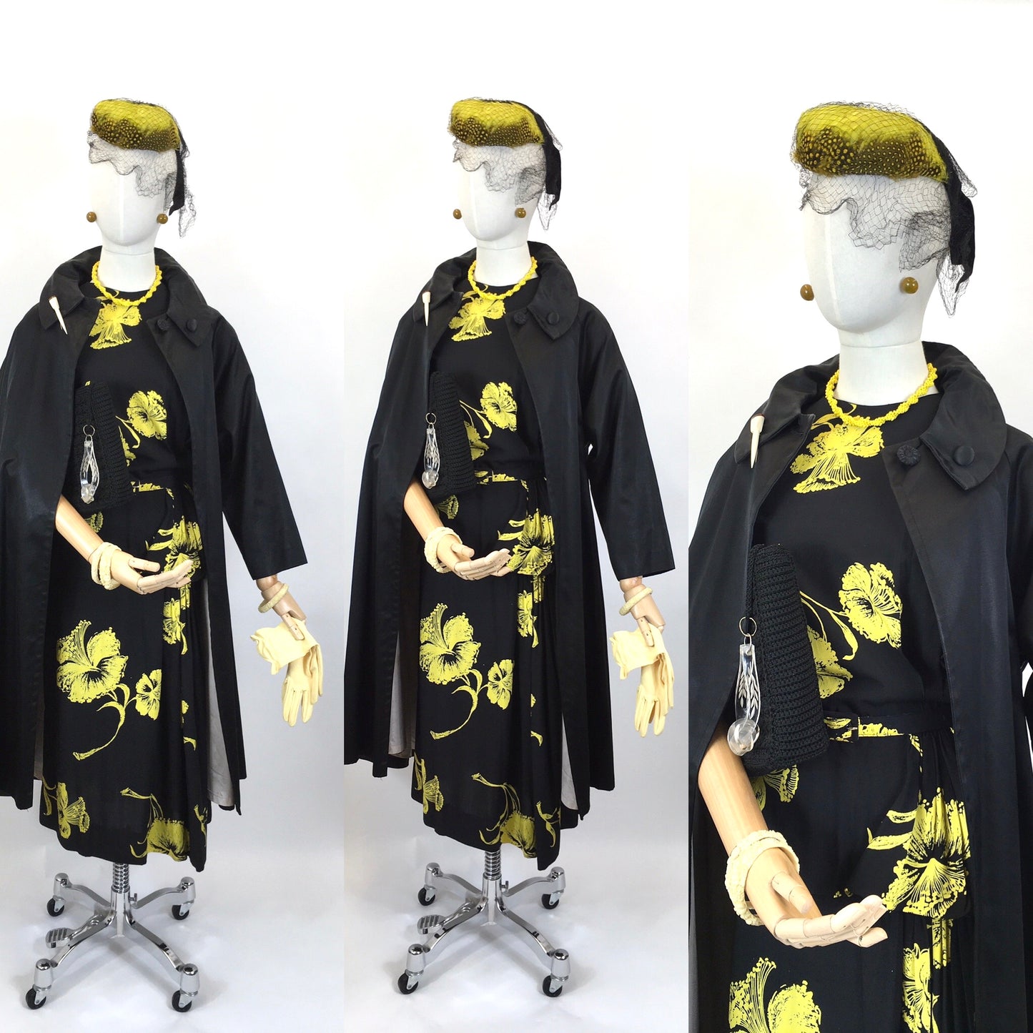 Original 1940’s Sensational Black & Yellow Dress by ‘ Paul Sachs ‘ - With Stunning Hip Swag & Peplum Details