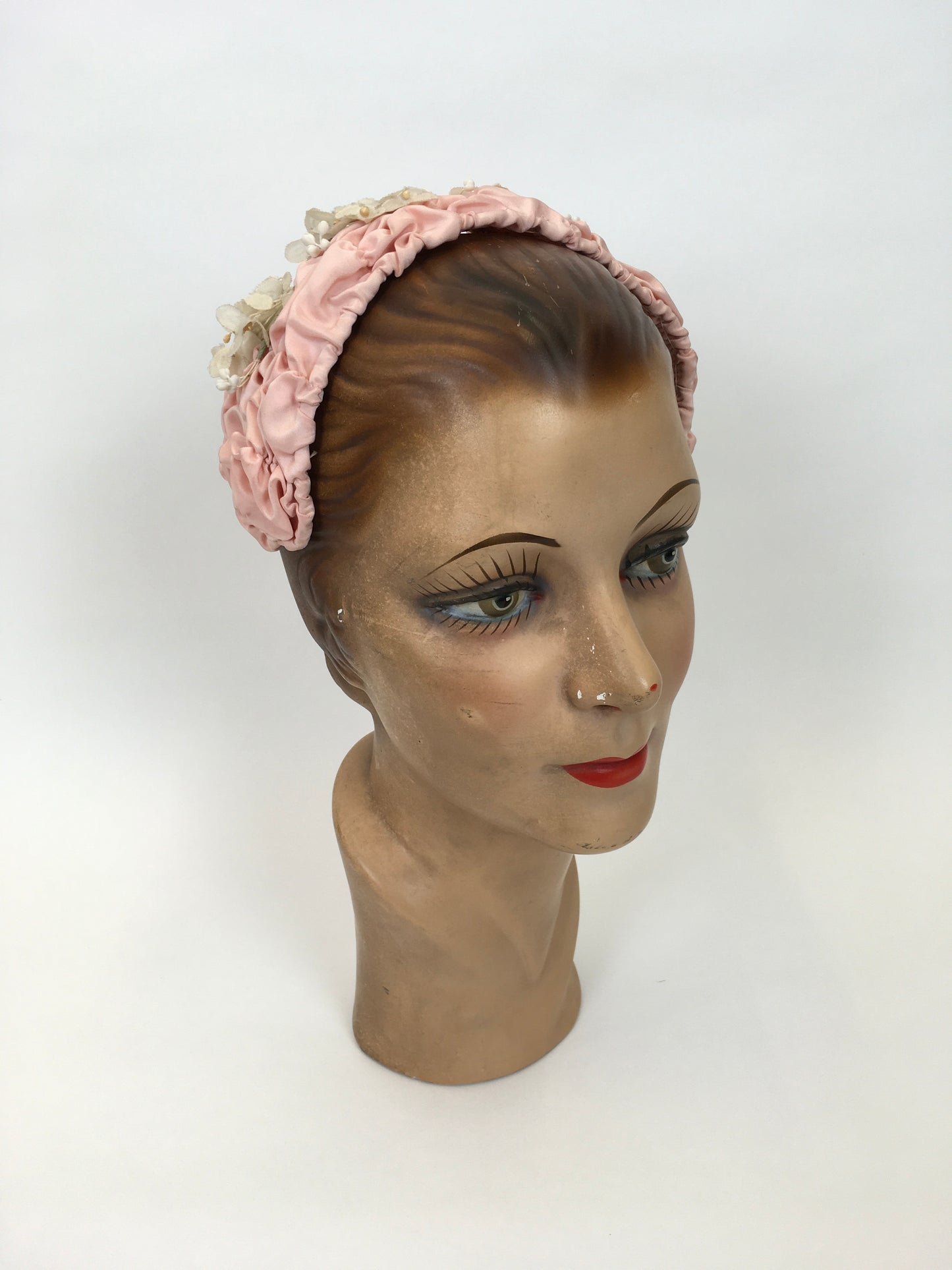 Original 1950s Pink Ruched Headpiece - Adorned with Beautiful Delicate Ivory Florals