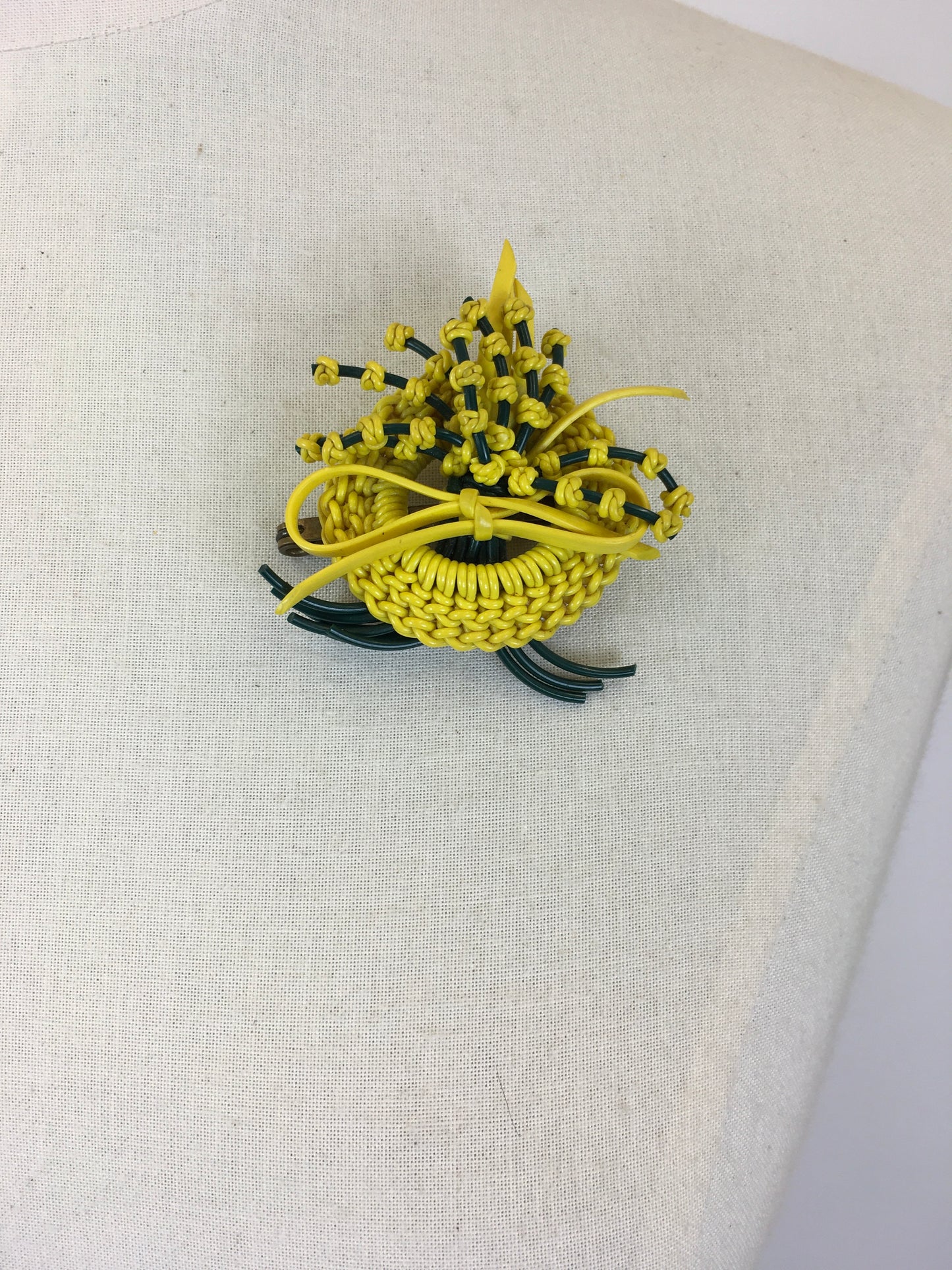 Original 1940's Large Wartime Make Do and Mend Telephone Wire Brooch - In Bottle Green & Sunflower Yellow