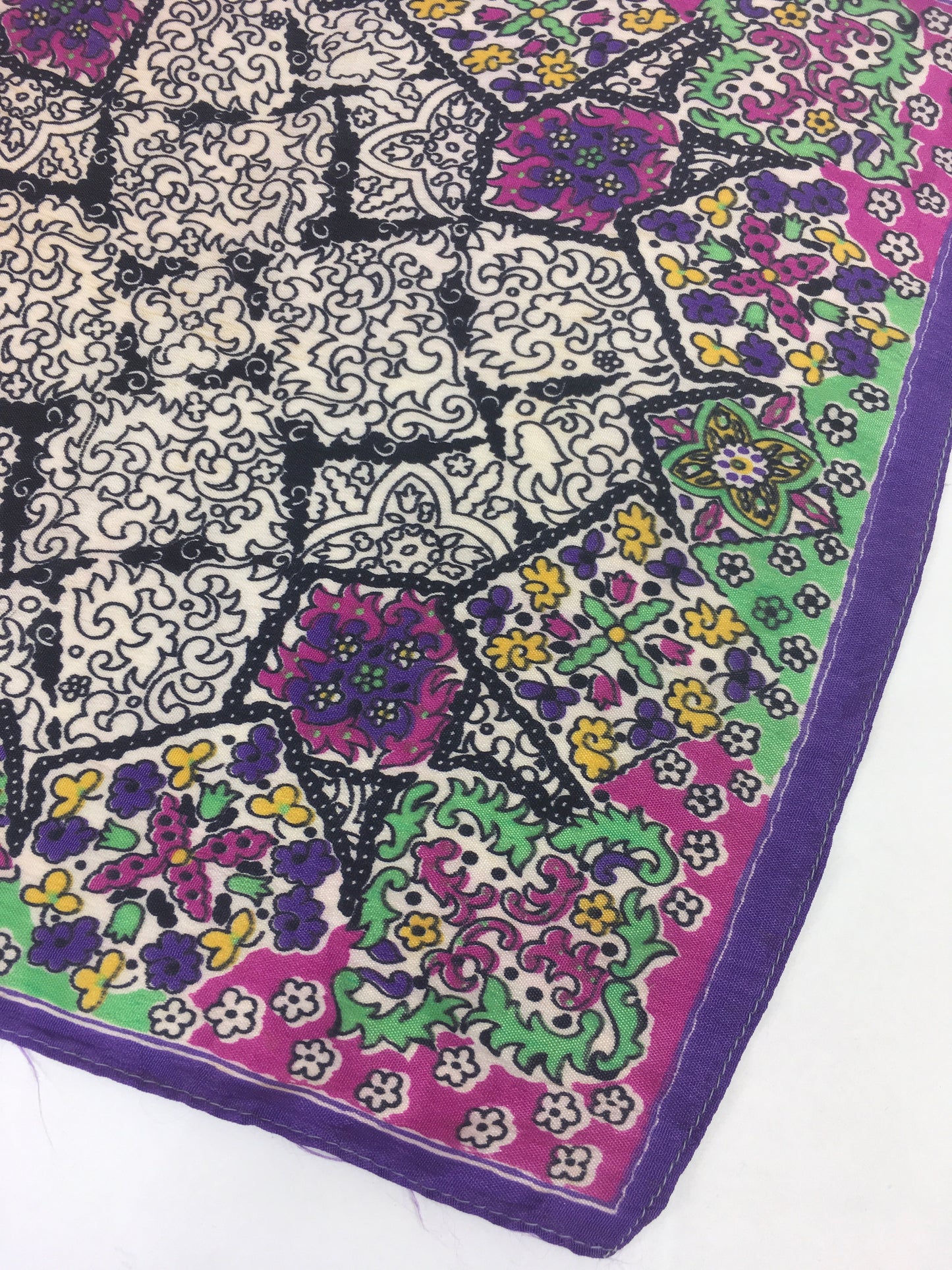 Original 1940’s Rayon Hankie - In Purple, Green, Black & Yellow