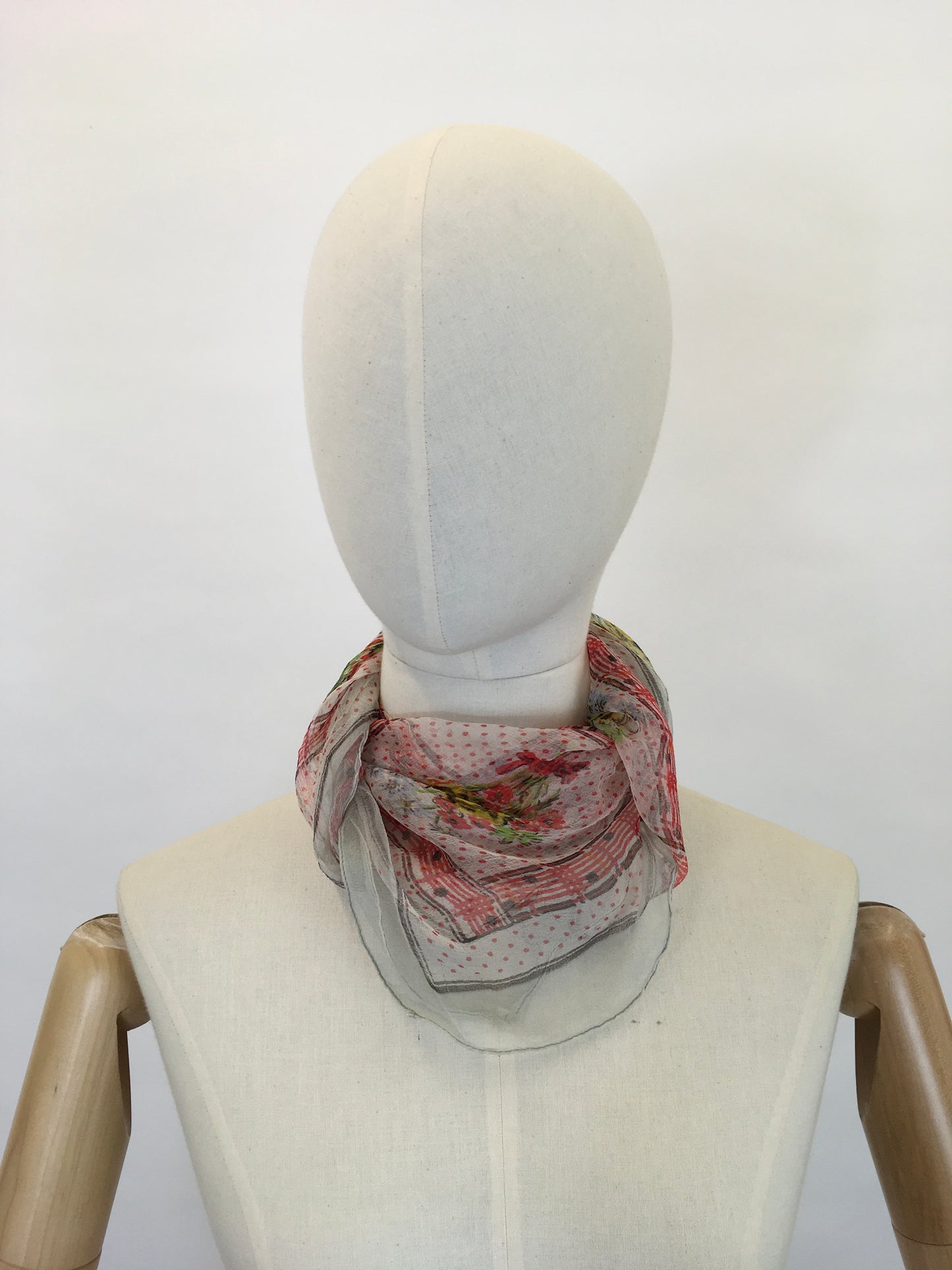 Original Early 1950’s Floral Chiffon Scarf - In Dainty Reds, Yellows, Greens and Blues