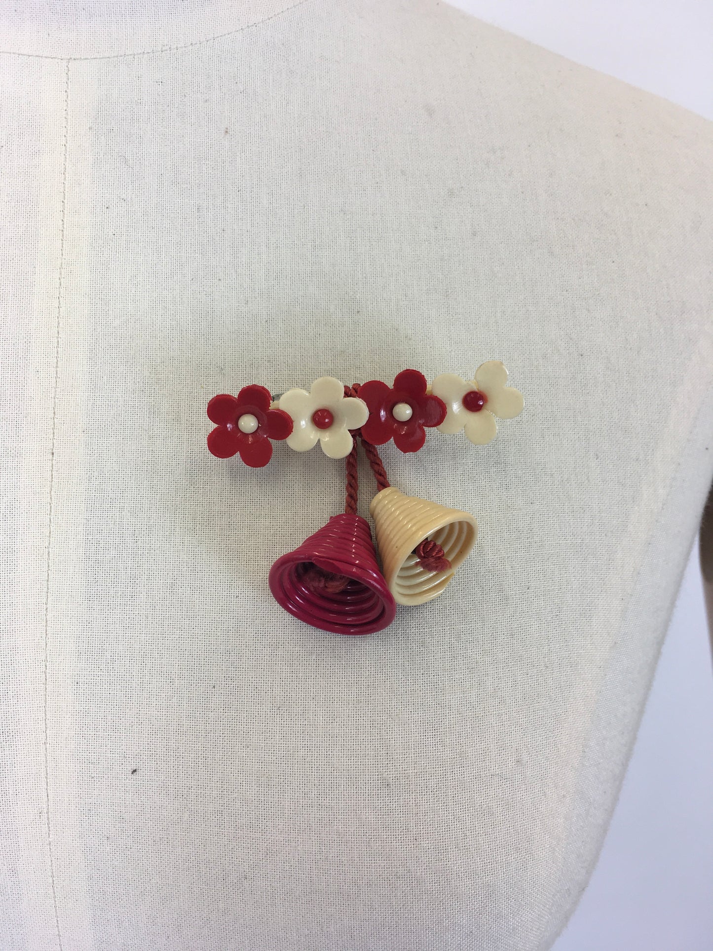 Original 1940's Celluloid Floral Bar Brooch - In Cream and Red with Dangling Bells