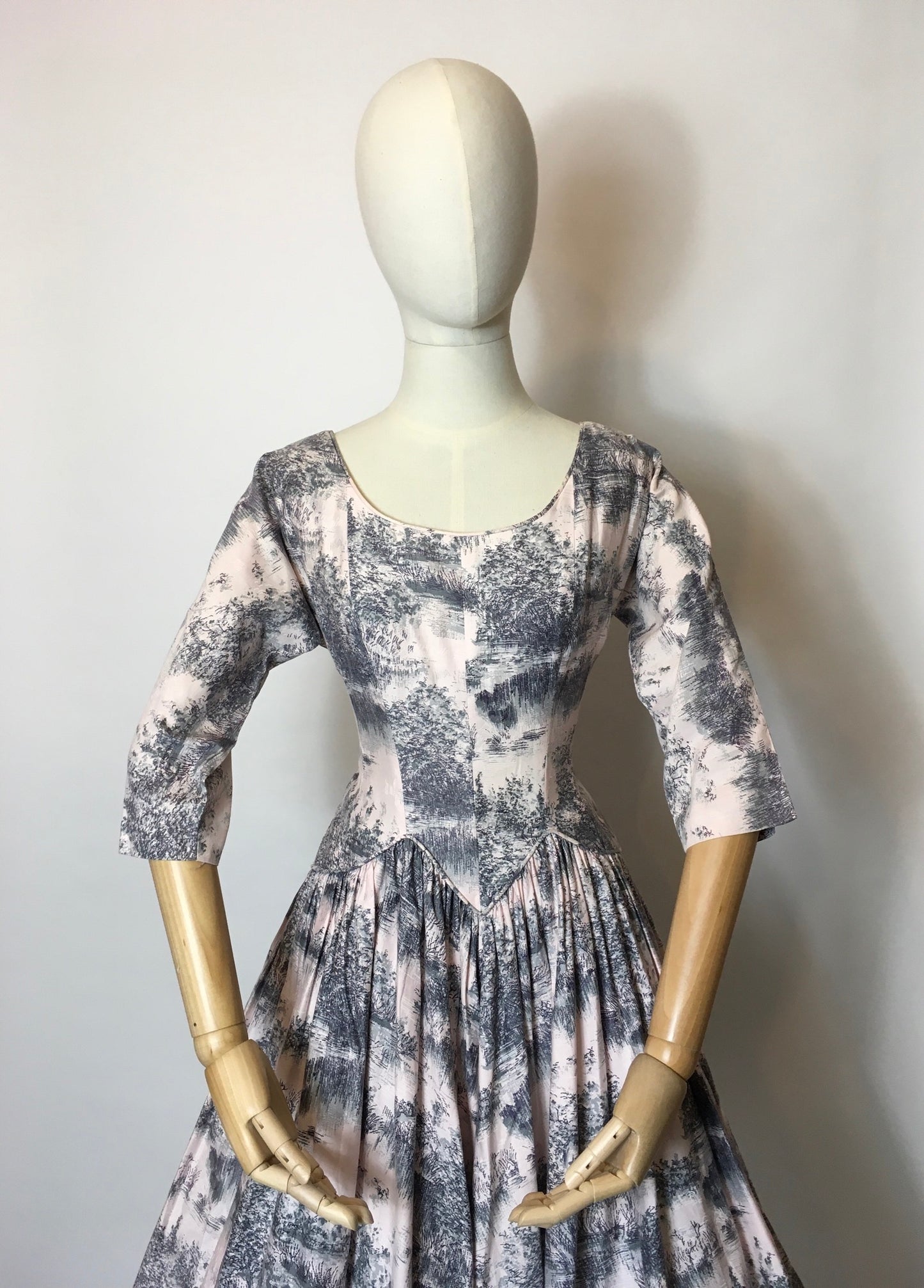 Original 1950s Darling Dress - In the Most Delicate Powder Pink with Charcoal Stencil Overlay Print