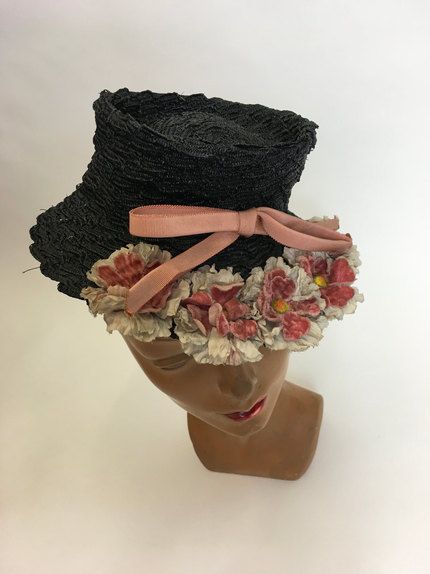 Original Stunning 1940’s Black Topper - Adorned with Pink & Grey Velvet Flowers & Leaves