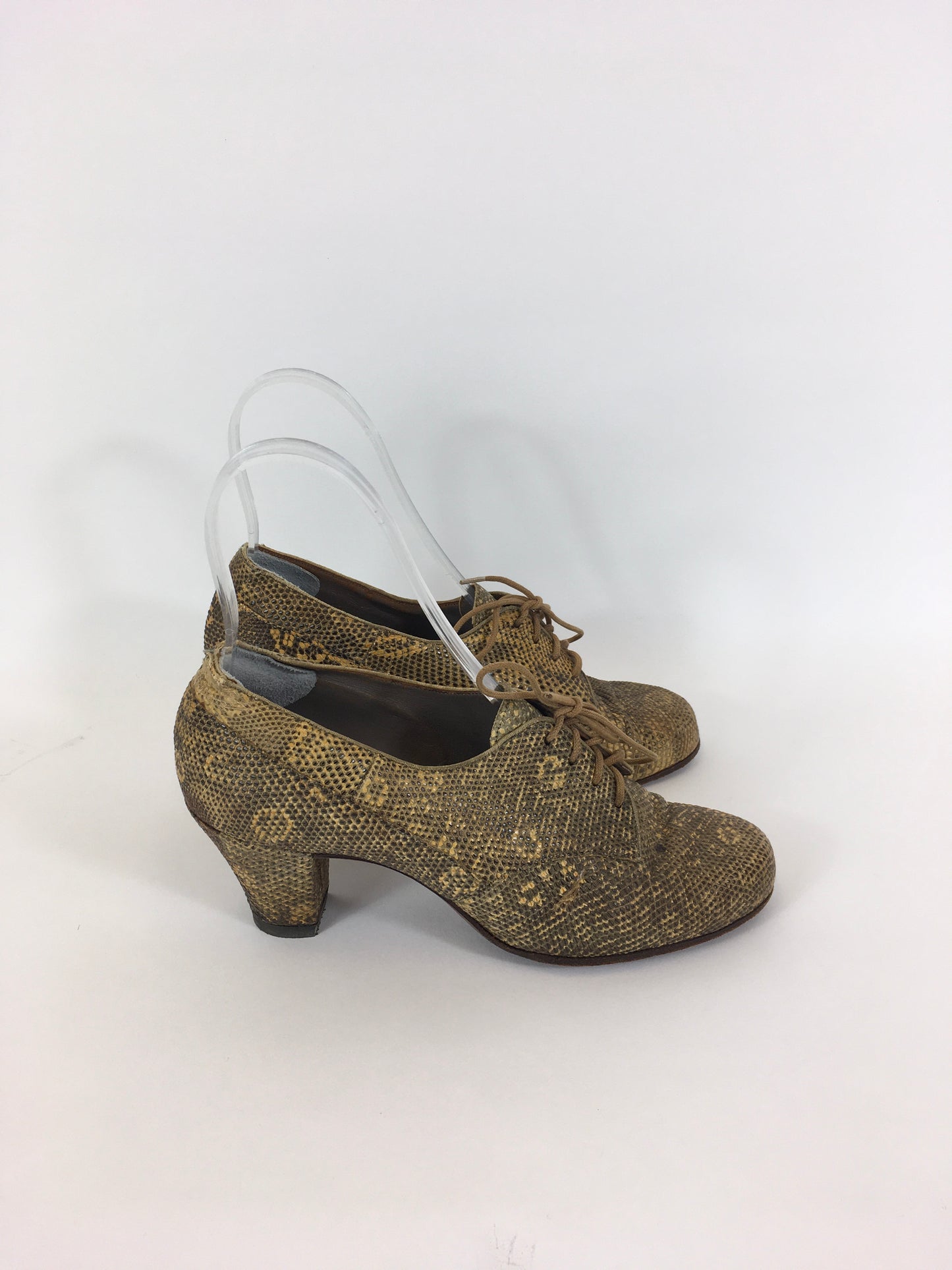 Original 1940’s Fabulous Snakeskin Heeled Lace Up Shoes - In A Lovely Warm Golden Tone