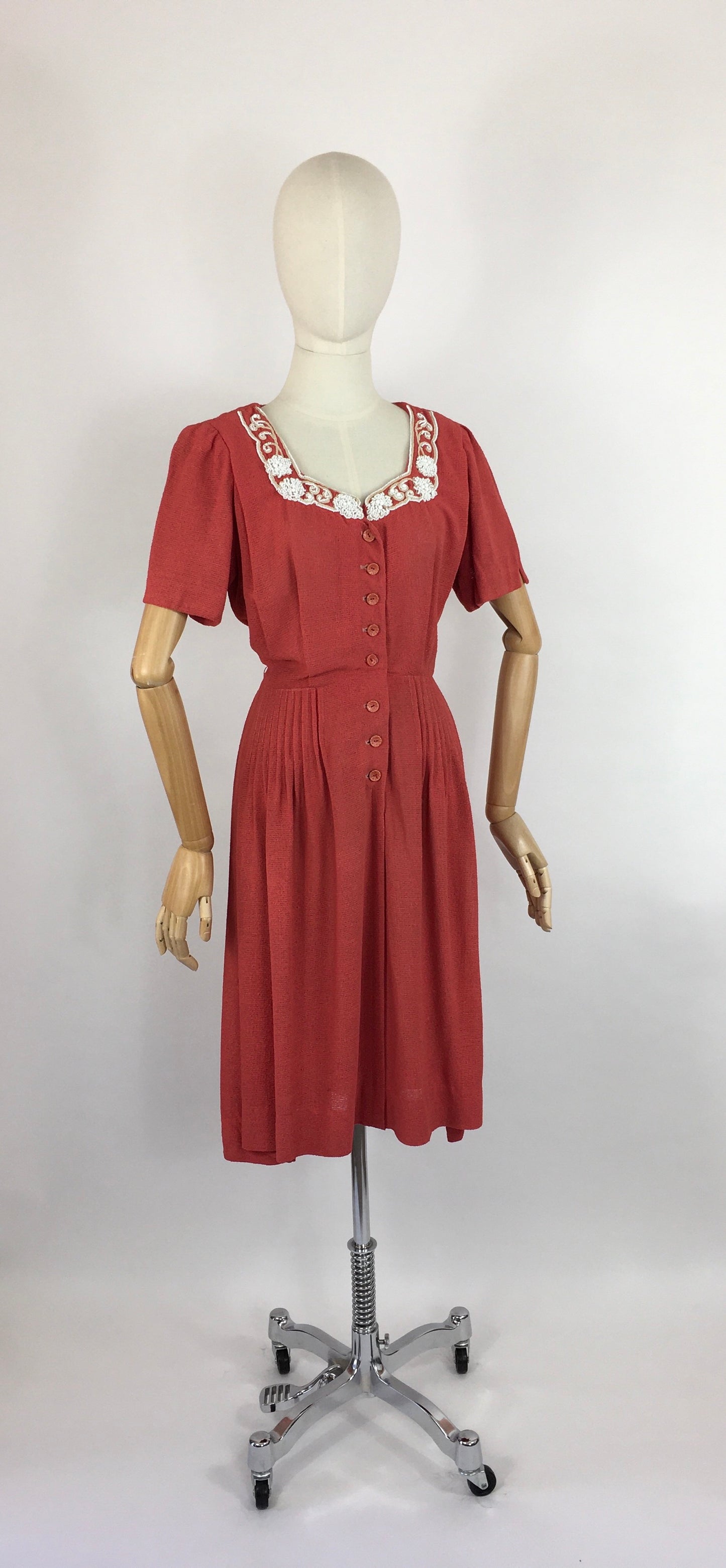 Original 1940’s Dress By ‘ Travelcraft by Sportscraft’ - In a Beautiful Deep Coral with White Floral Beadwork
