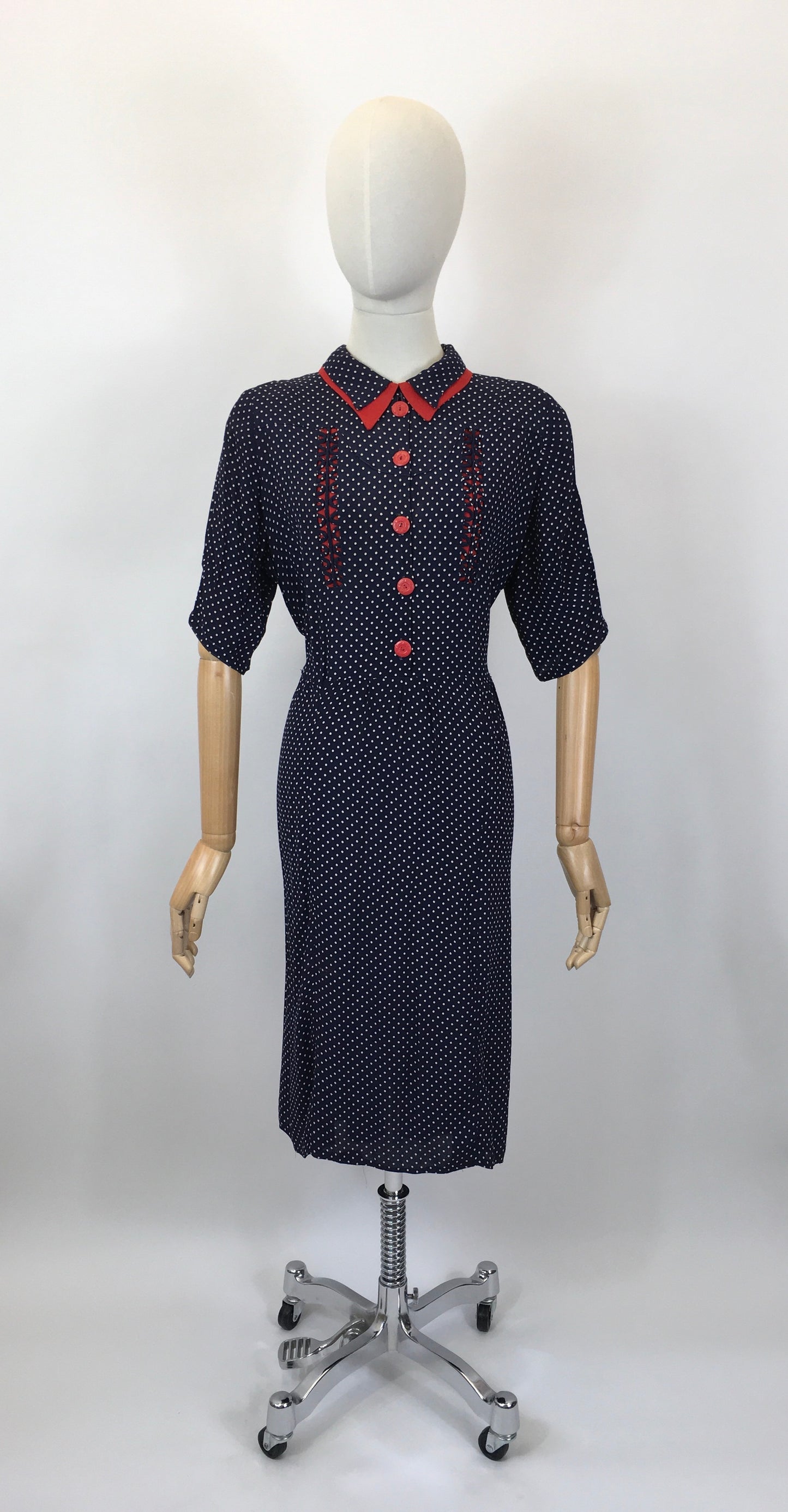 Original 1940's Sensational Volup Rayon Dress - In Navy, White & Red with Contrast Fretwork Embelishment