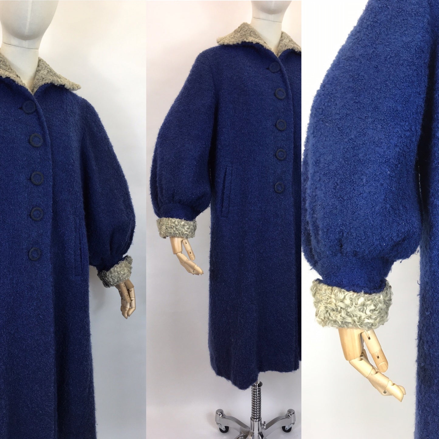 Original 1940’s Amazing Boucle Wool Coat with Astrakhan Trim - In a Royal Blue and Soft Grey