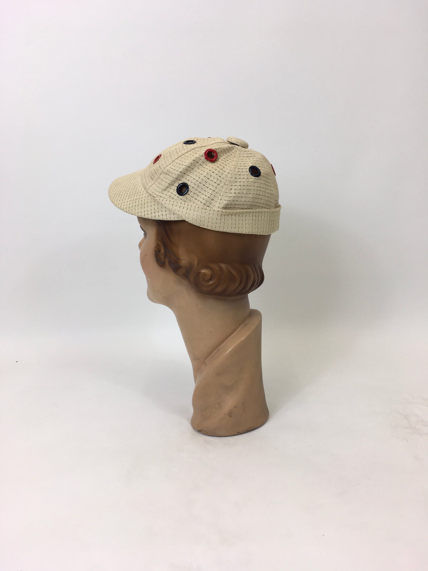Vintage 1930's Stunning Sports Cap - In A Cream Mesh Fabric With Metal Eyelets in Blue & Red