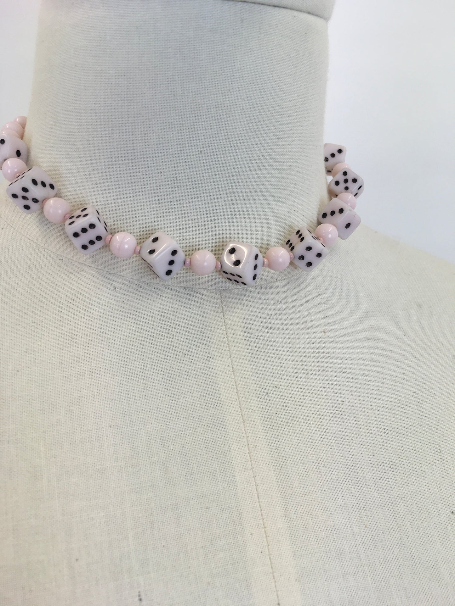 Original 1950s Pale Pink Novelty Dice Necklace - Made From Milk Bottle Glass