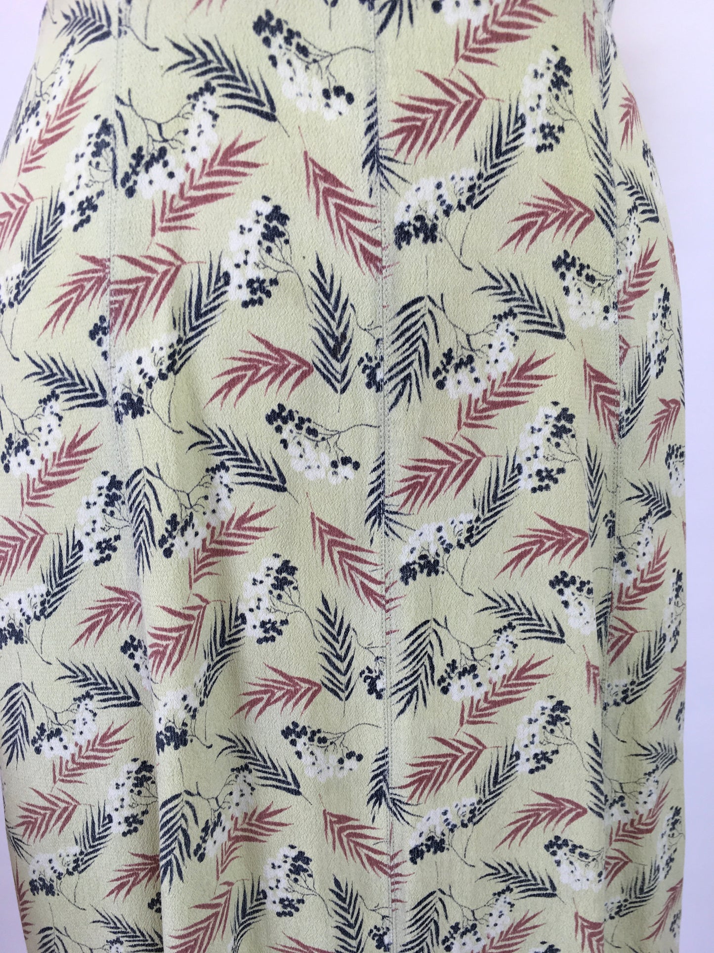 Original 1940s Day Dress - In a Lovely Chartreuse Crepe with Wheat / Leaf Print In Charcoal, Rust and White
