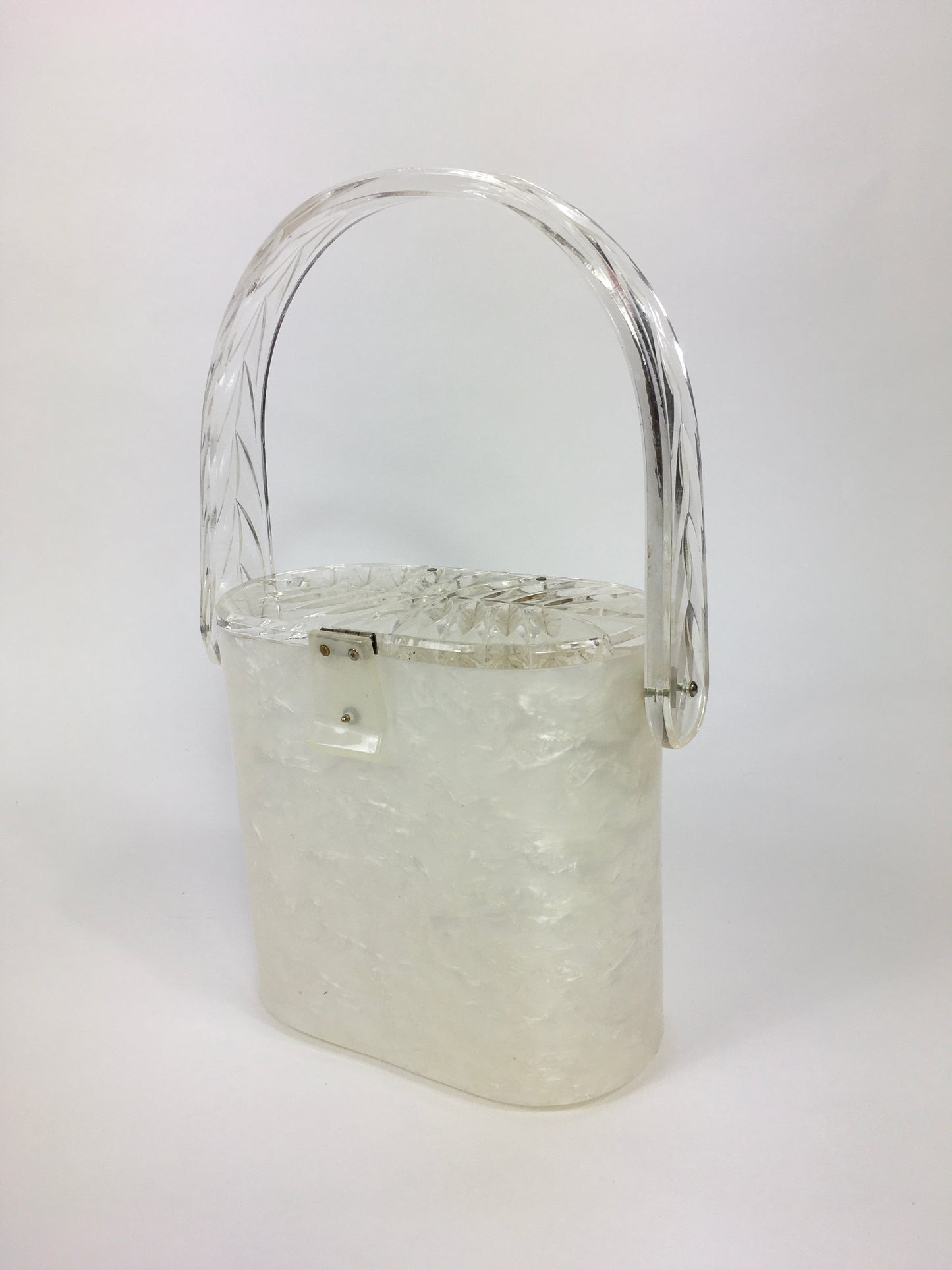 Original 1950s Lucite Handbag - White Marbled Base and Clear Leaf Design Lucite Lid and Handle