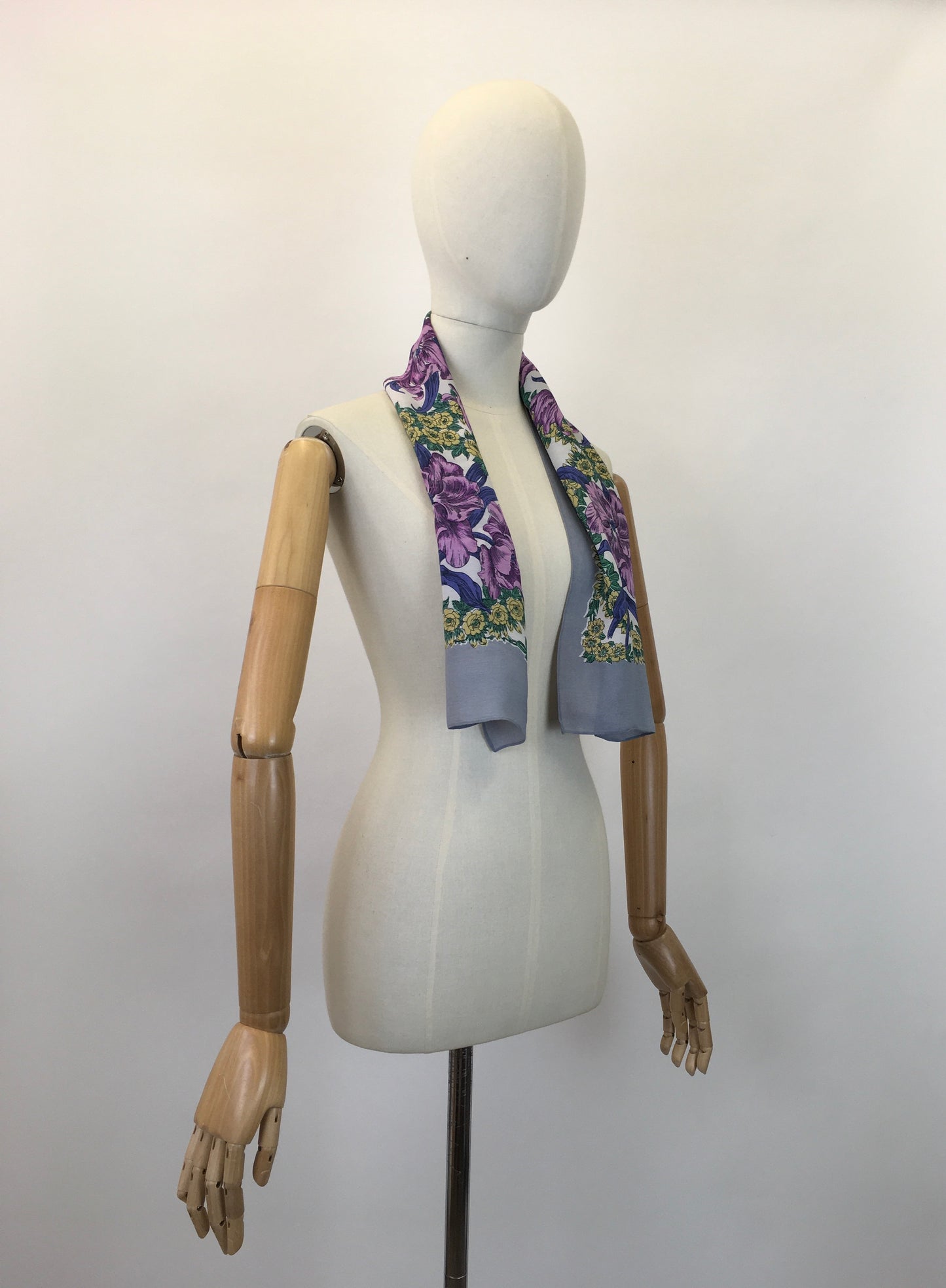 Original 1940's Floral Rayon Scarf - In Rich Purples, Mauves, Yellow & Green