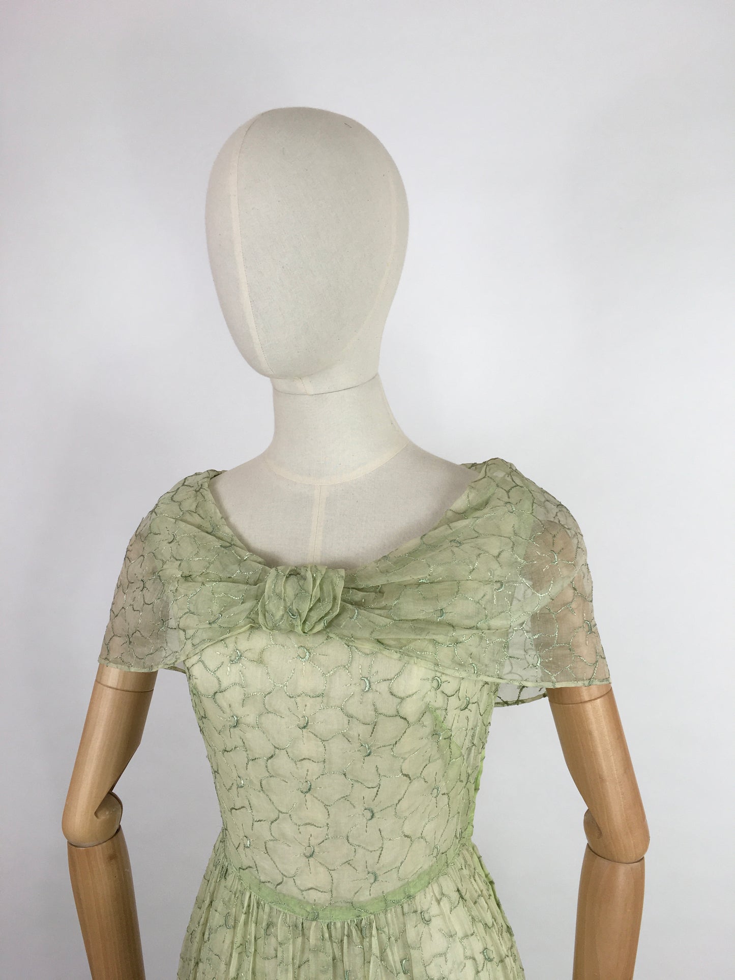 Original 1930s Full Length Summer Dress - In a Beautiful Soft Green Embroidered Cotton Lawn