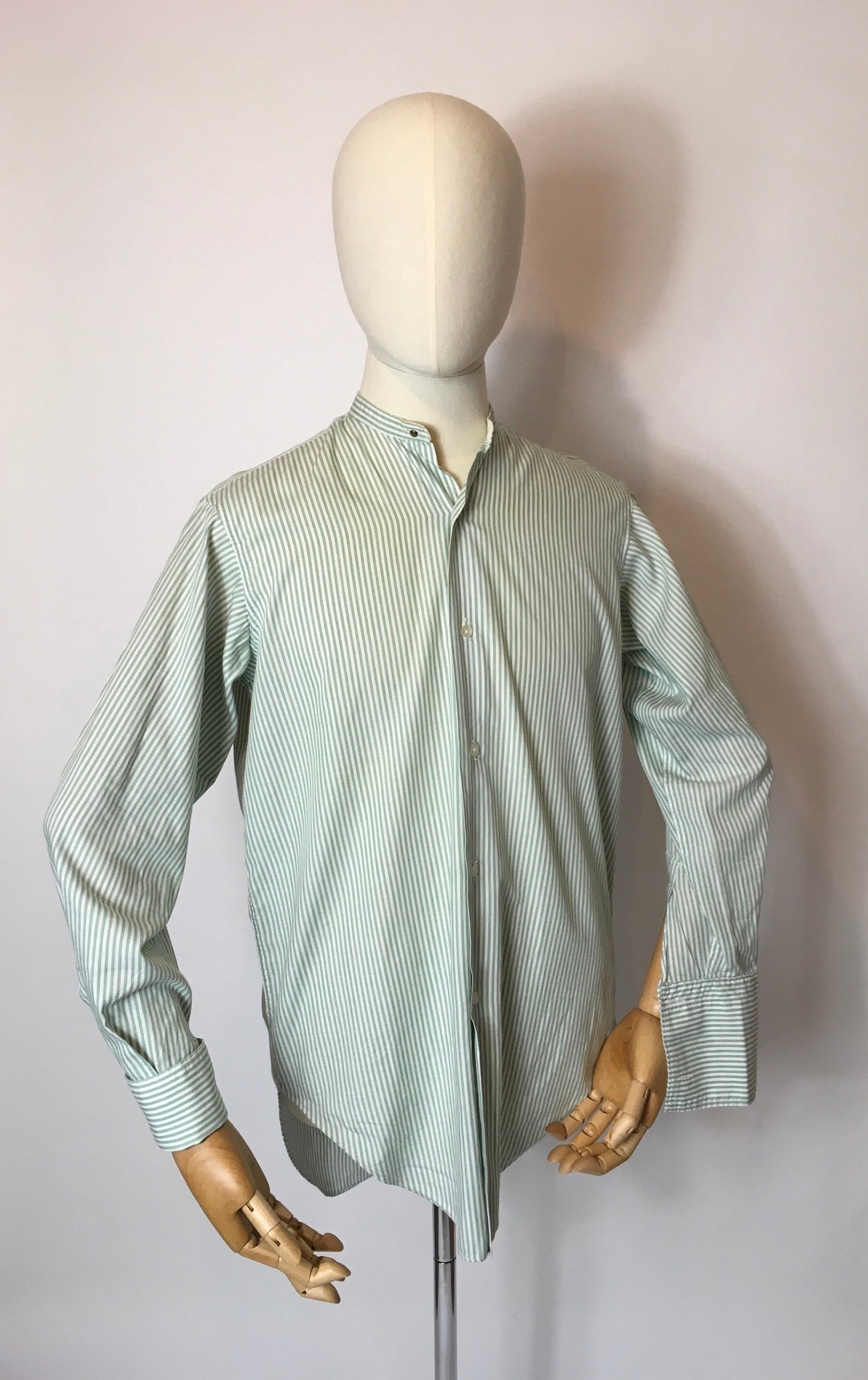 Original Gents Collarless Shirt with Double Cuff - In a Lovely Green and White Stripe