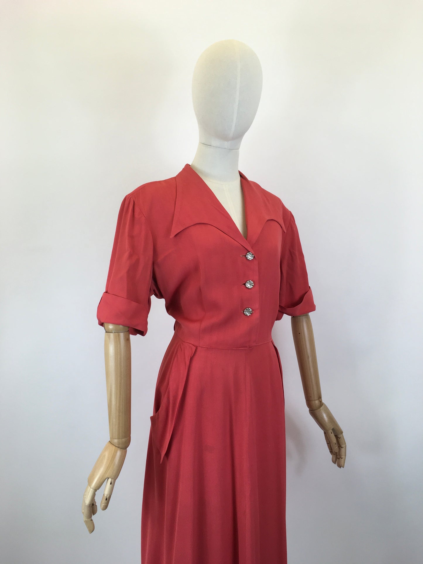 Original 1940’s Gaberdine Day Dress - In A Bright Lipstick Coral Colour