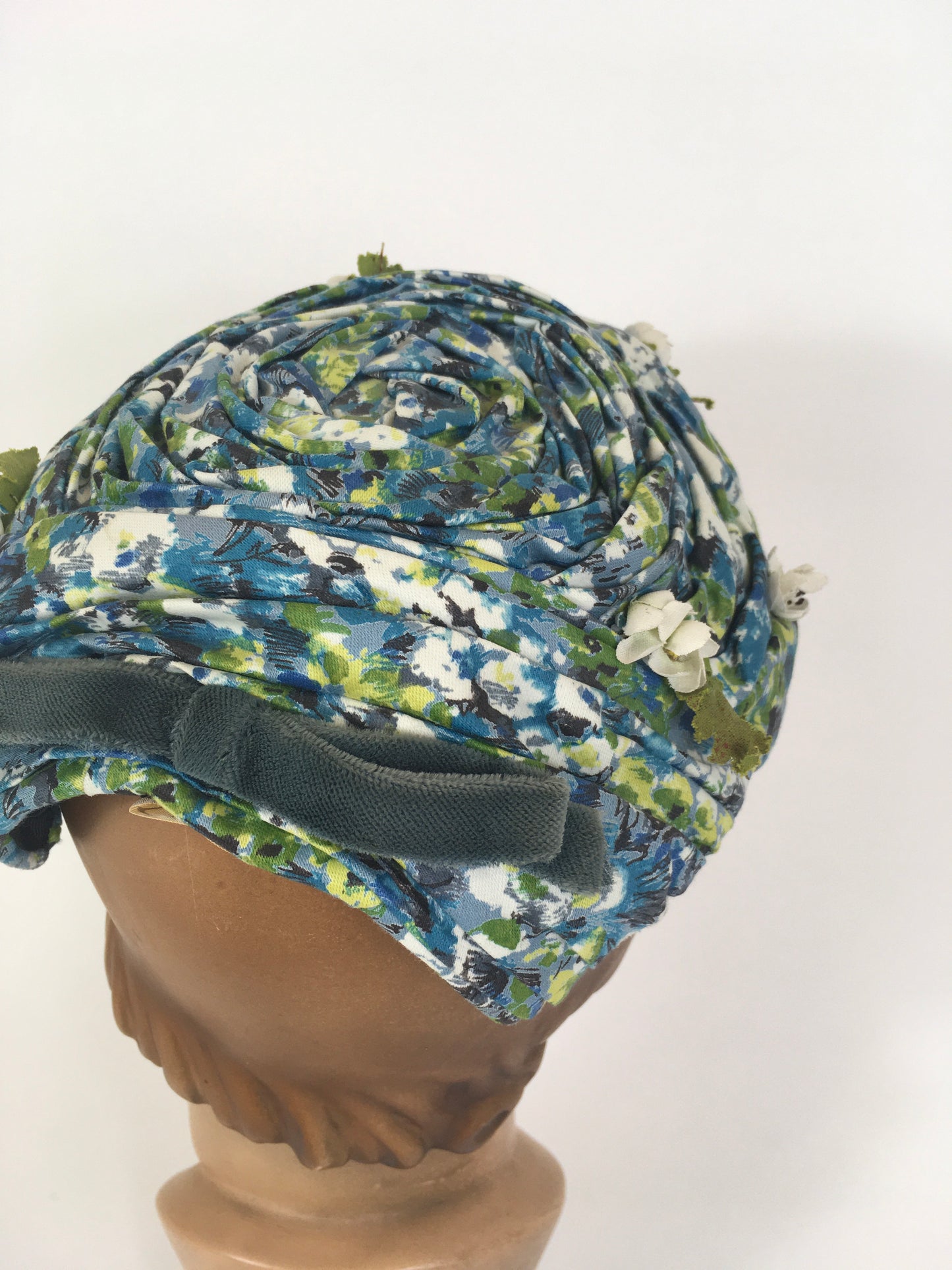 Original 1950’s Darling Floral Headpiece With Flora & Velvet Trim - In Blues, Greens & Ivory