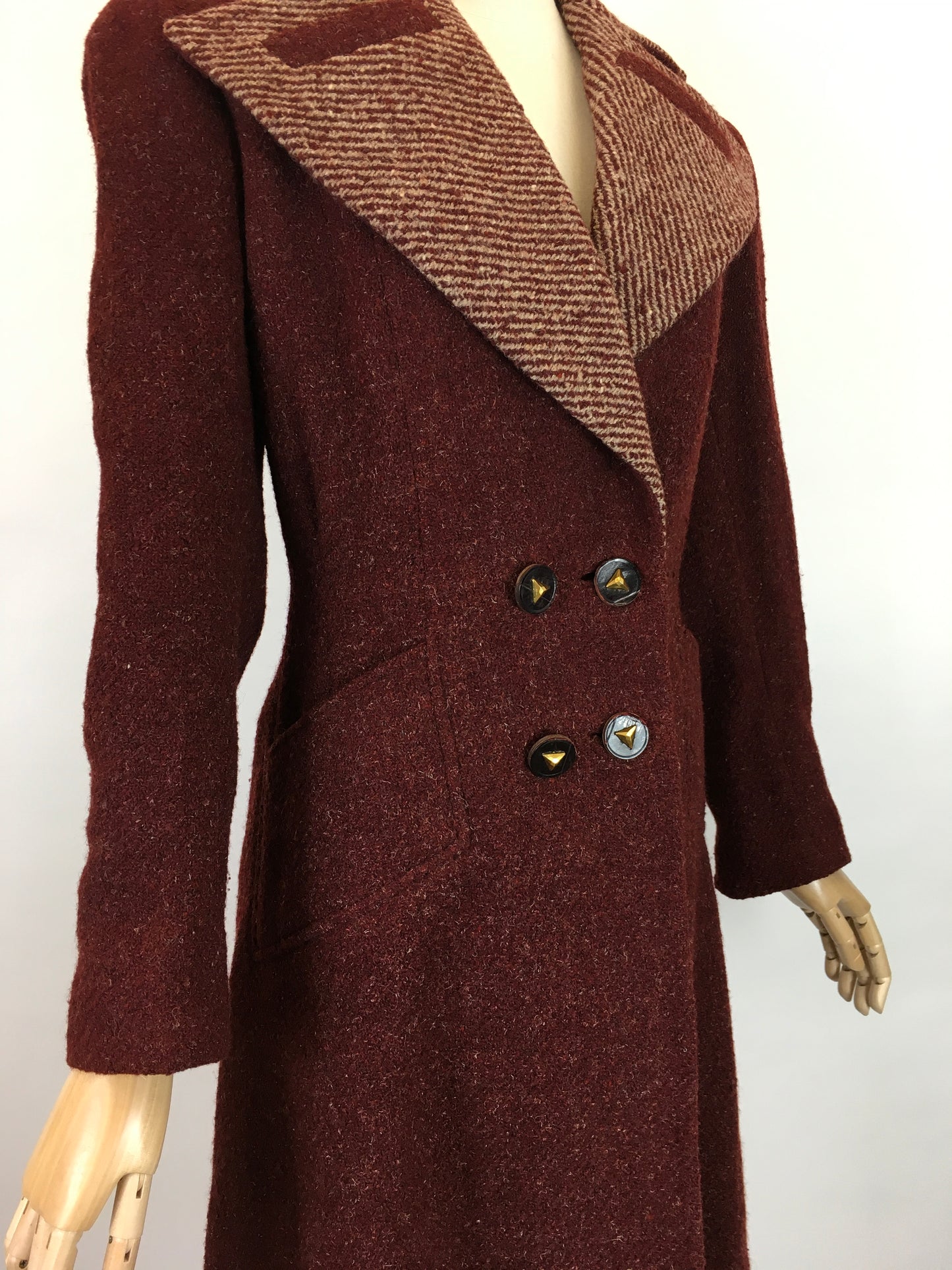 Original 1940’s STUNNING Deep Wine Woollen Coat - With An Impeccable 40’s Silhouette & Detailing