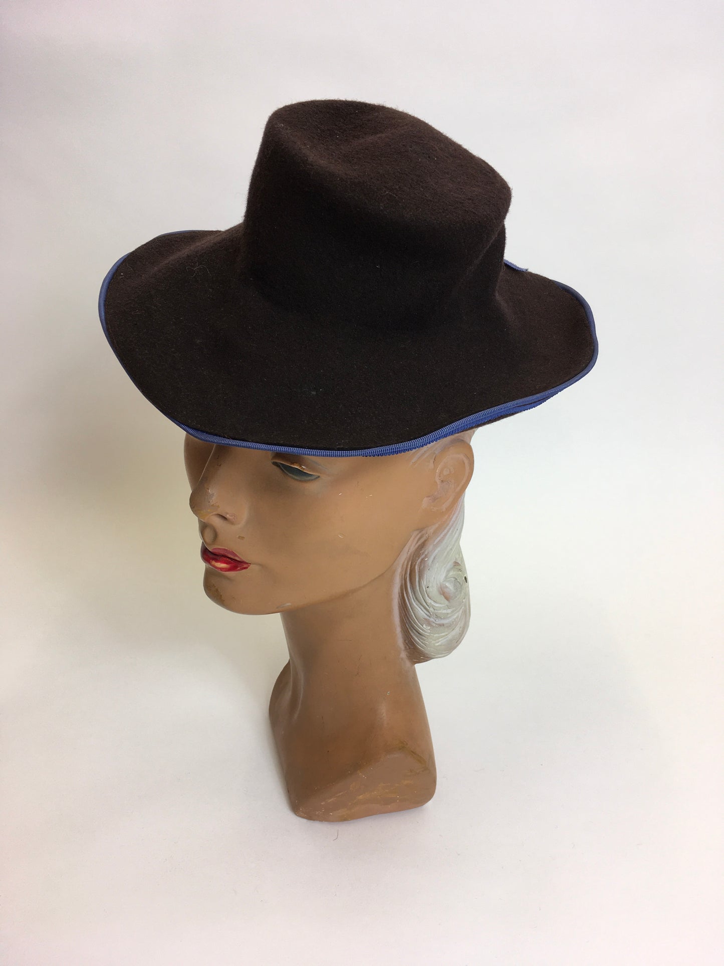 Original 1940’s Brown Felt Topper Hat - Adorned With A Powder Blue Bow