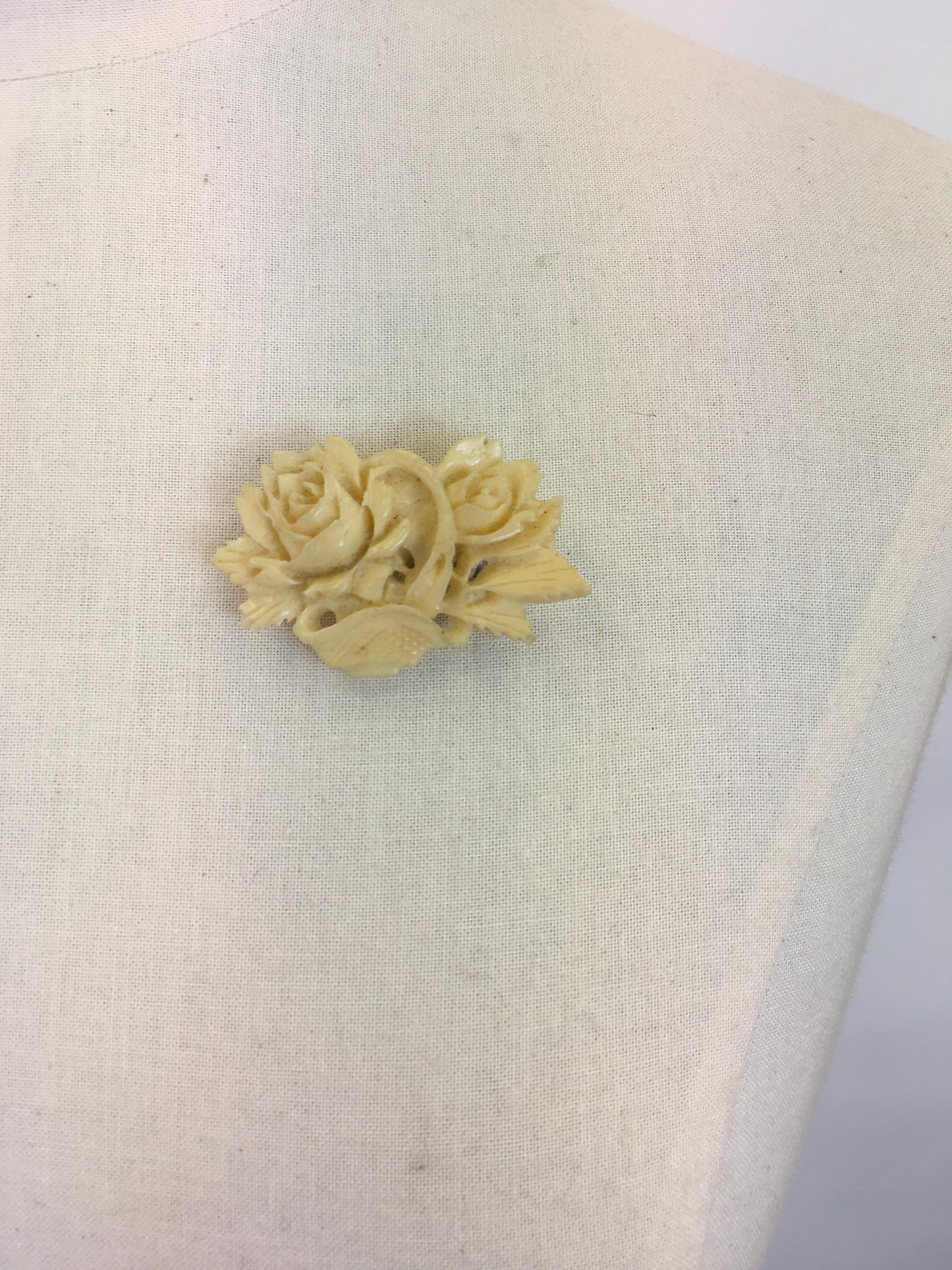 Original 1940s Cream Celluloid Brooch - Intricate Roses in a Weaved Basket