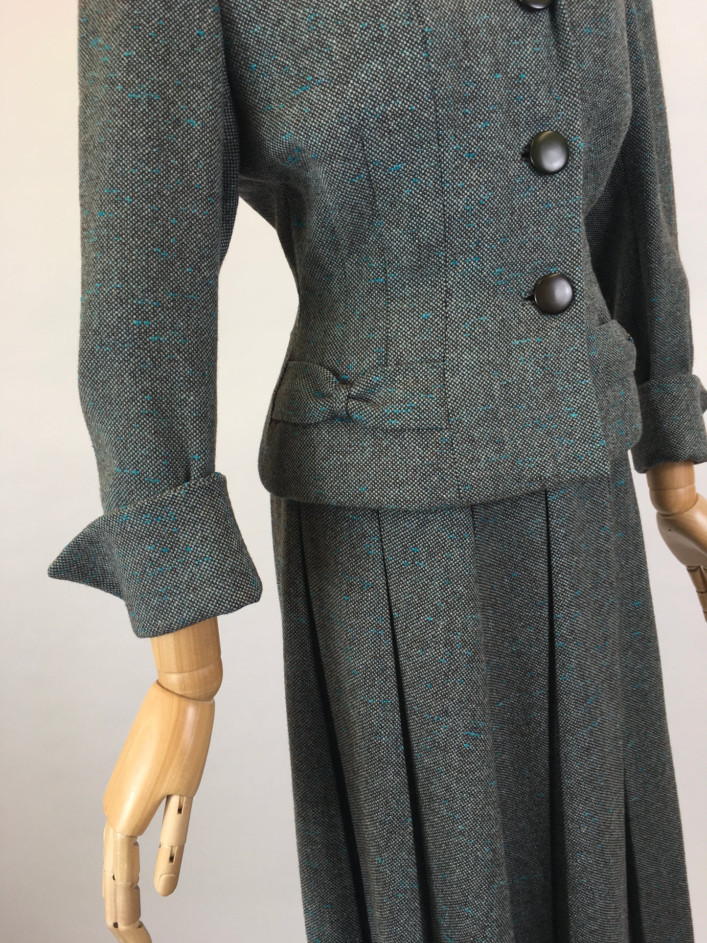 Original late 1940’s 2pc Woollen Suit by ‘ Harella’ - Grey Toned with a Bright Teal Fleck