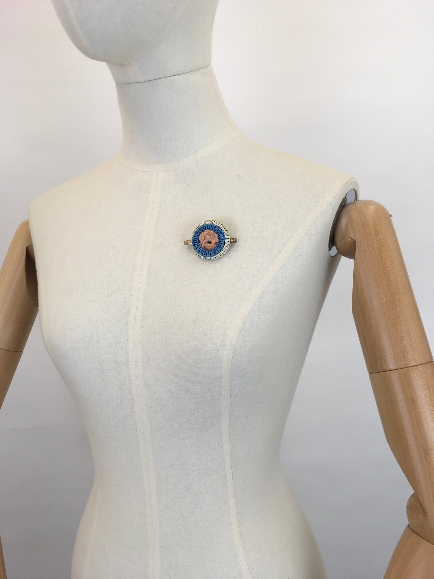 Original 1940’s Make Do and Mend Telephone Cord Wirework Brooch - In White, Blue and Pale Pink