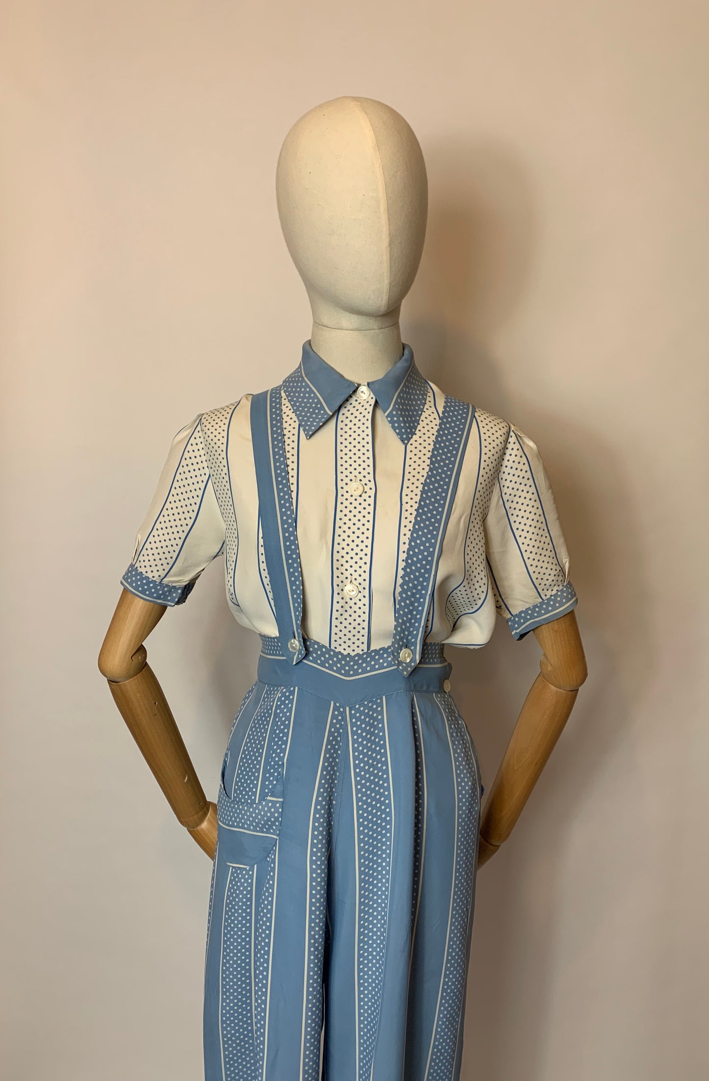 Original 1940’s 2 pc Blouse & Dungaree Set - In the Most Summery Of Colour Pallets with Polka Dots