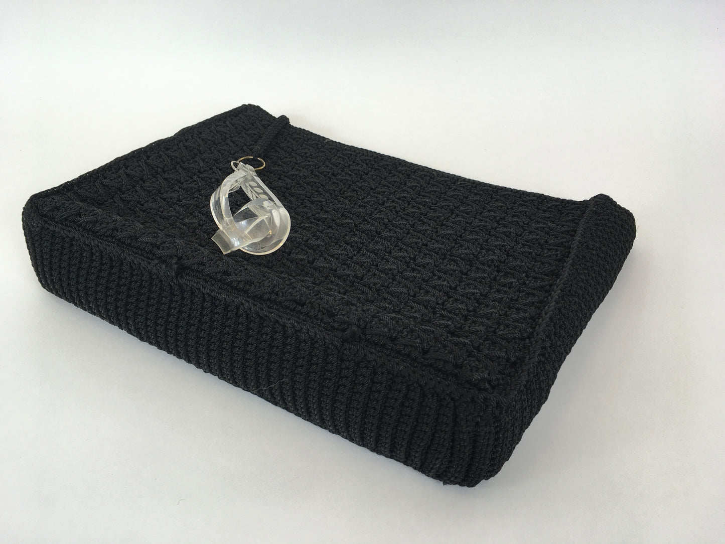 Original 1940’s Beautiful Crochet Clutch Bag in Black - With Large Lucite Pull