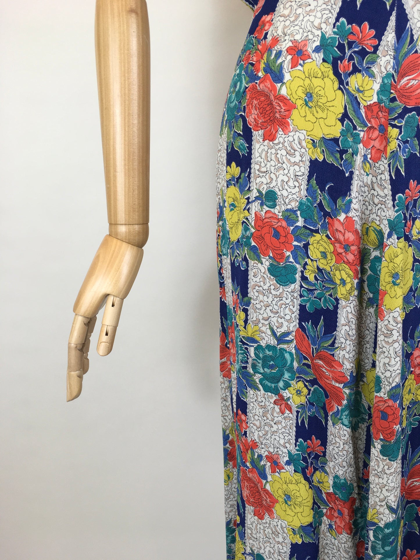 Original 1940’s STUNNING Fine Crepe Day Dress - Floral Brights in Reds, Blues, Chartreuse, Peacock and Fawns