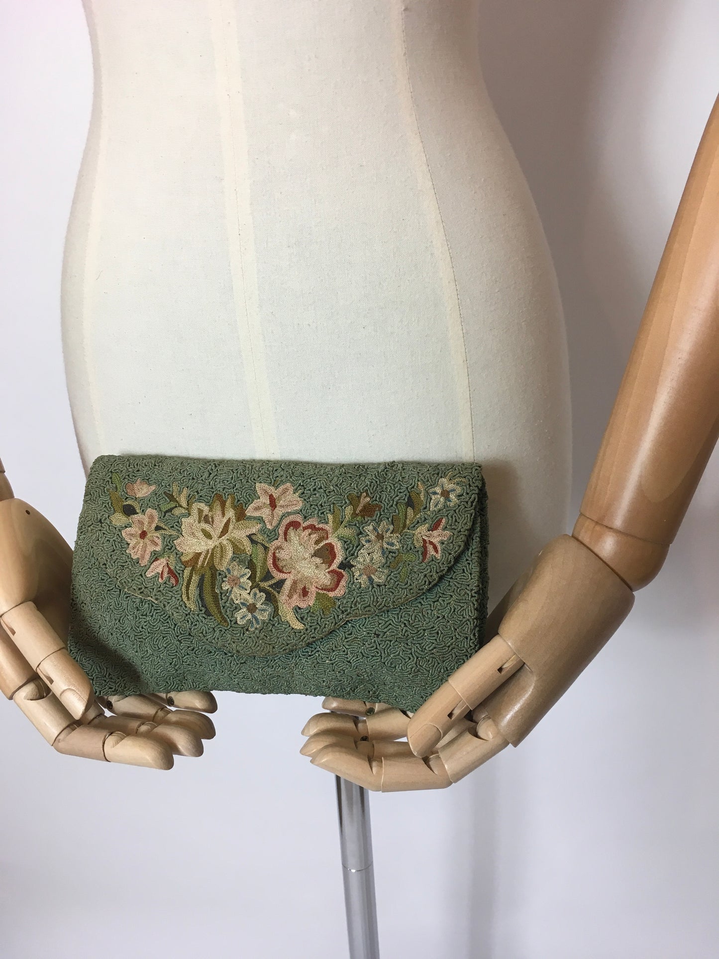 Original Late 1920’s Darling Bag in Eau De Nil Soutache and Pastel Embroidery - Festival of Vintage Fashion Show Exclusive