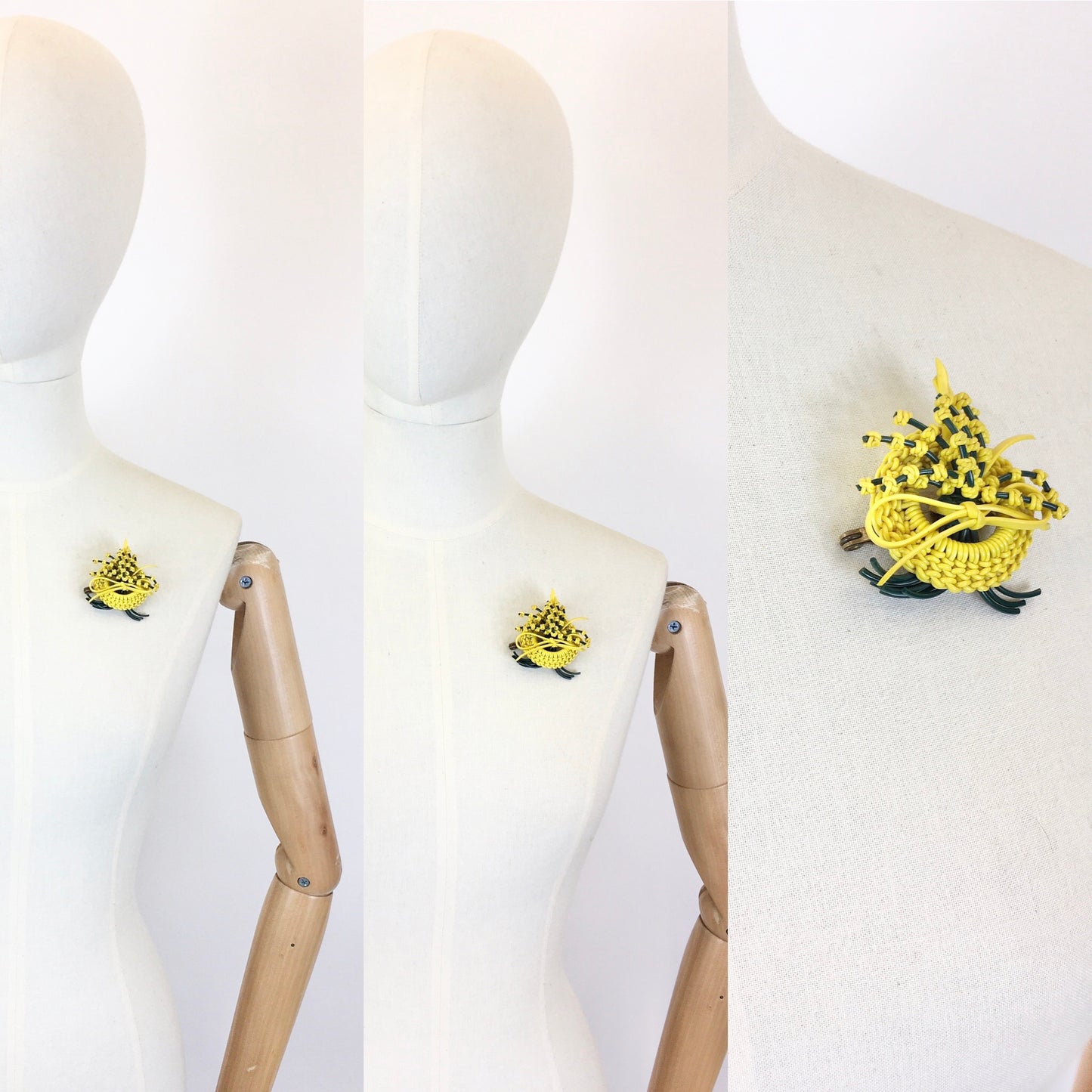 Original 1940's Large Wartime Make Do and Mend Telephone Wire Brooch - In Bottle Green & Sunflower Yellow