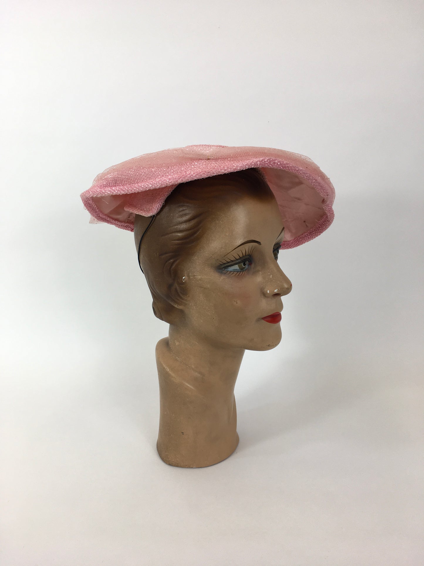 Original 1950’s Darling Powder Pink Platter Hat - With Attached Polka Dot Veiling and Bow