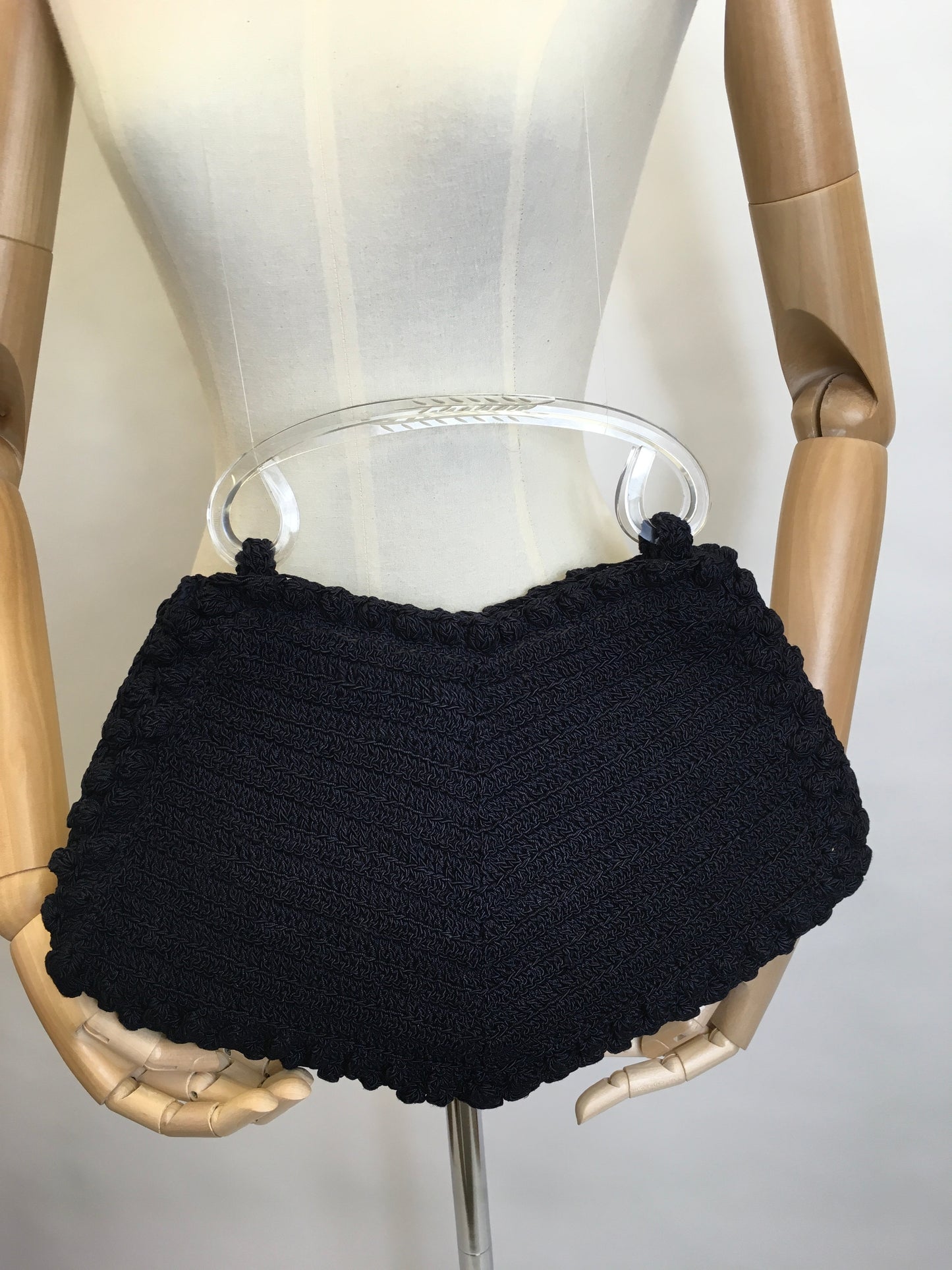 Original 1940’s Navy Crochet Bag in An unusual Shape -  With Gorgeous Lucite Handles
