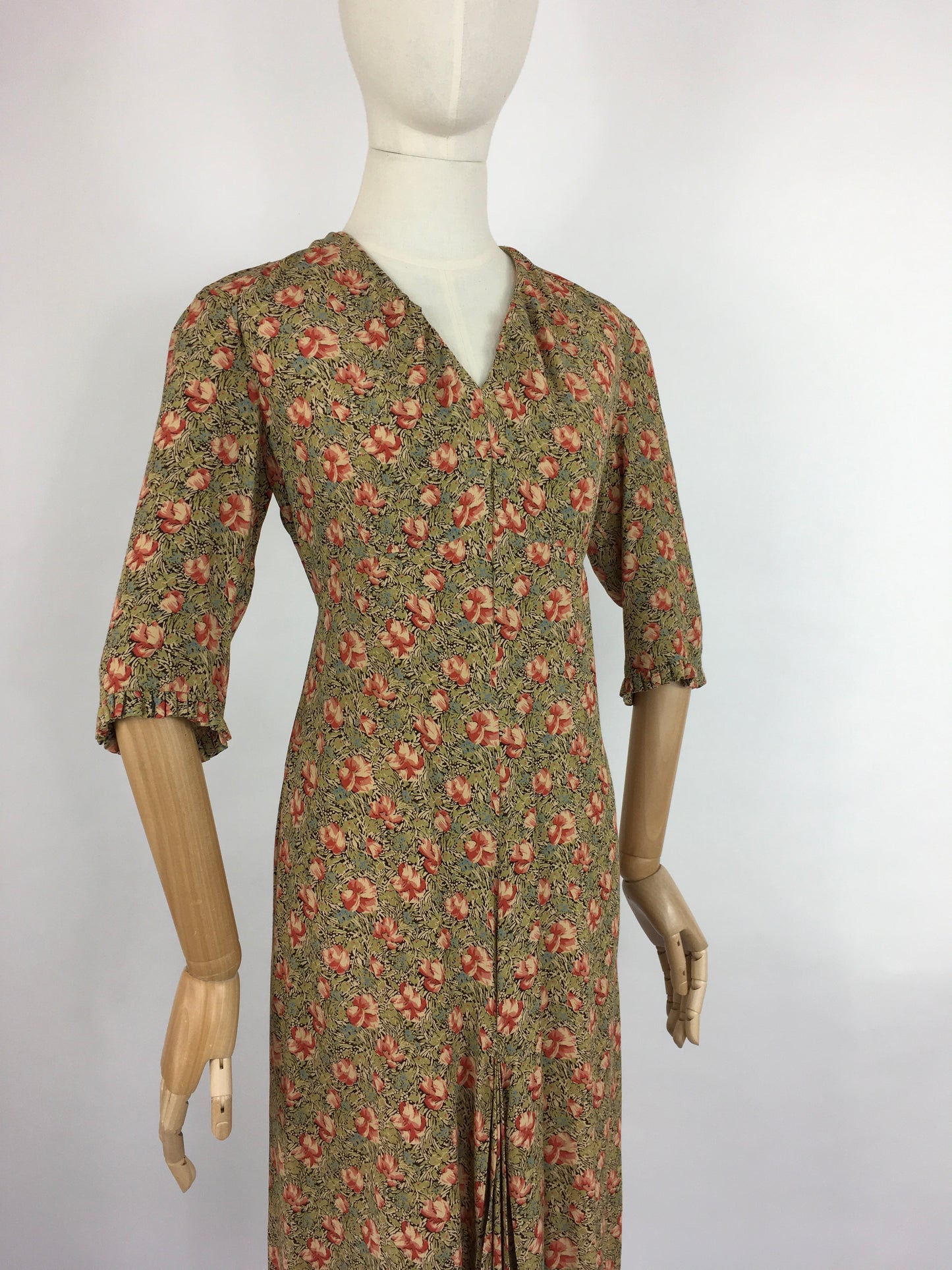 Original 1930s Exquisite Dress - In a Breathtaking Colour Palette Of Warm Rose Pinks and Reds, Tonal Greens and Powder Blues on a Floral Crepe