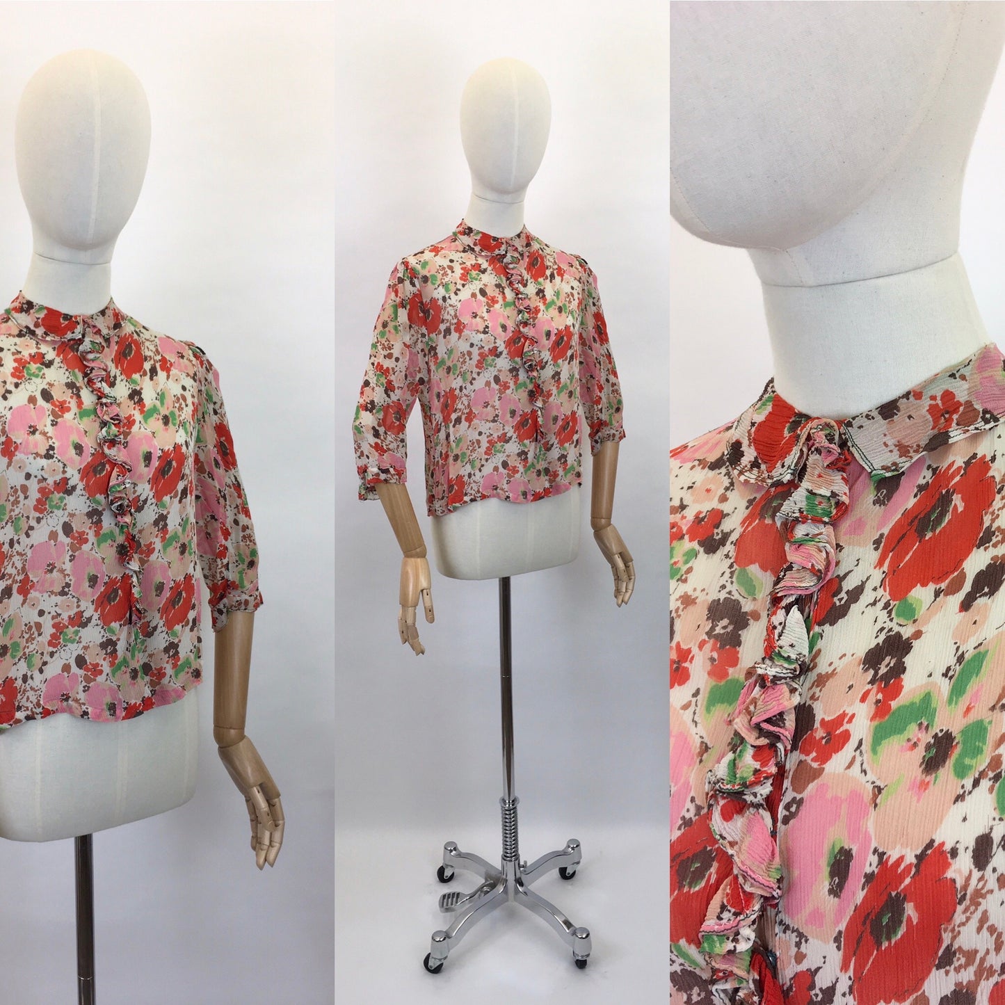 Original 1930s Floral Chiffon Blouse - Exquisite Colour Pallet Of An English Floral Meadow