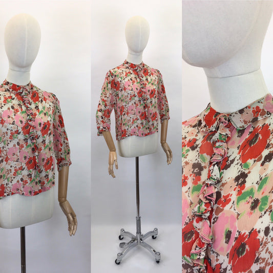 Original 1930s Floral Chiffon Blouse - Exquisite Colour Pallet Of An English Floral Meadow