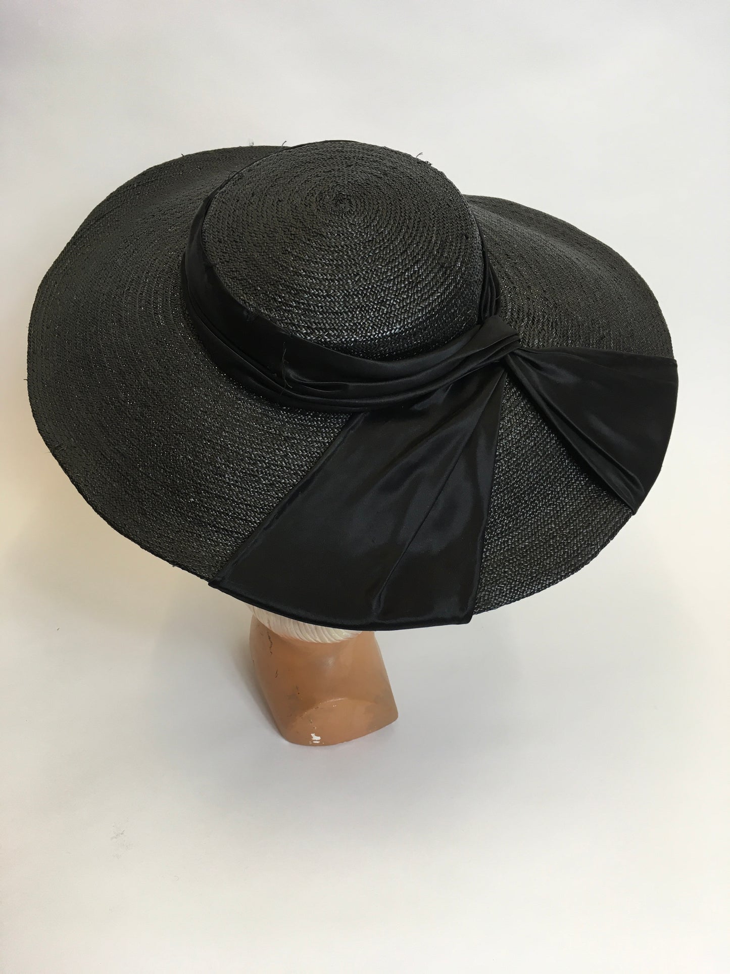 Original 1940’s Black Saucer Hat - ‘ Made In France ‘ With Black Satin Bow Ribboning