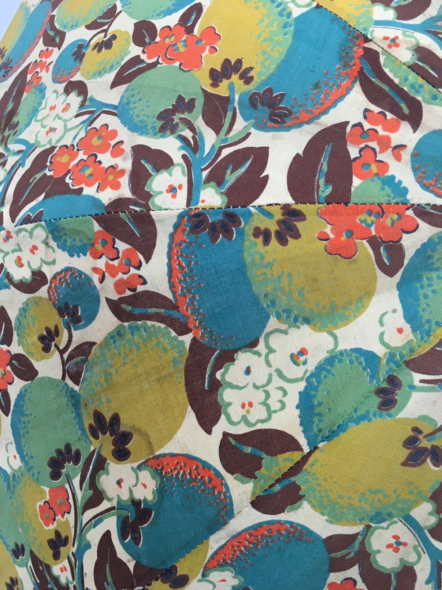 Original 1930s Sun Parasol in a Stunning Floral and Fruit Cotton - In Deco Oranges, Greens, Chartreuse and Teal